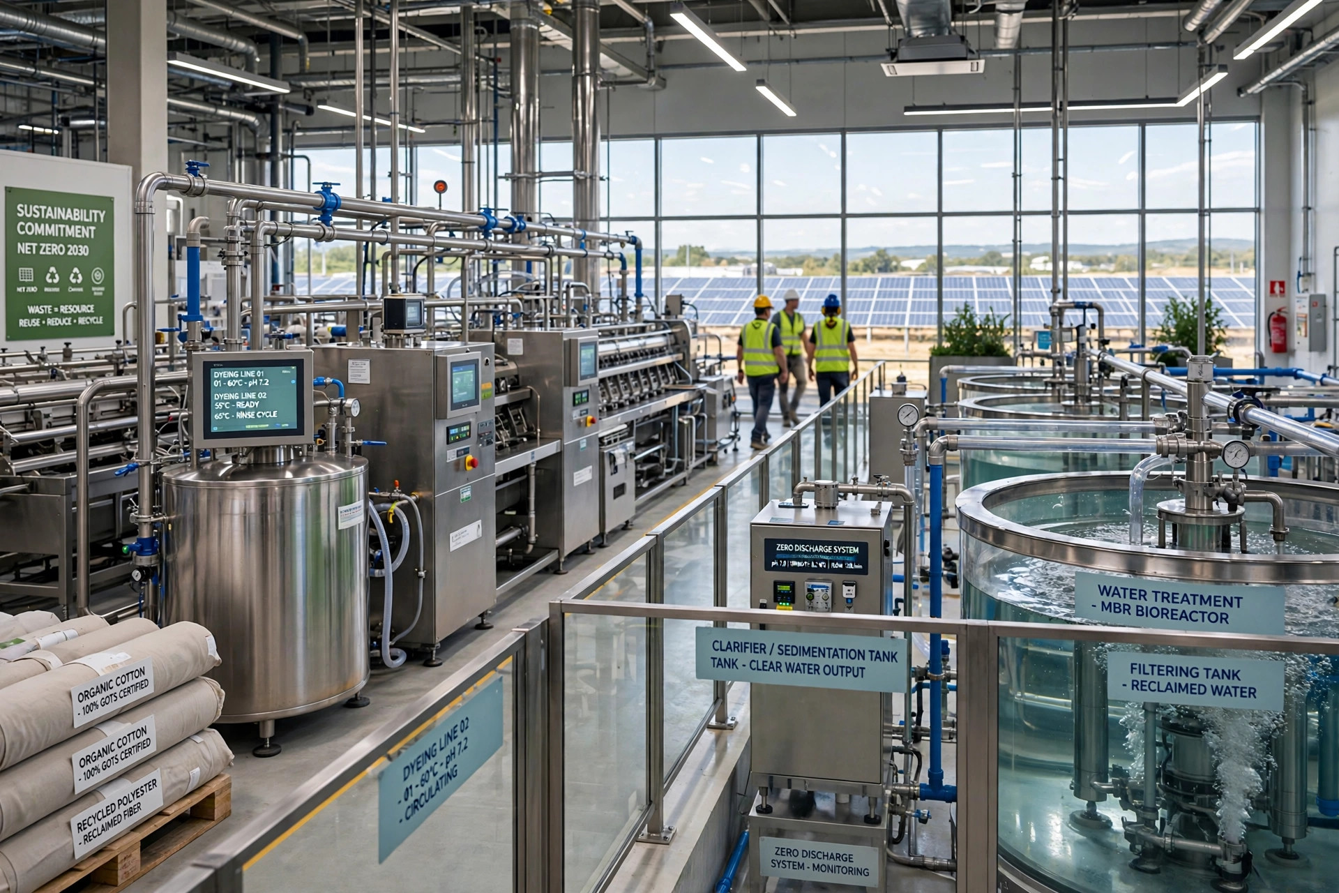 Modern sustainable textile factory interior with dyeing machinery, solar panels, and water treatment tanks