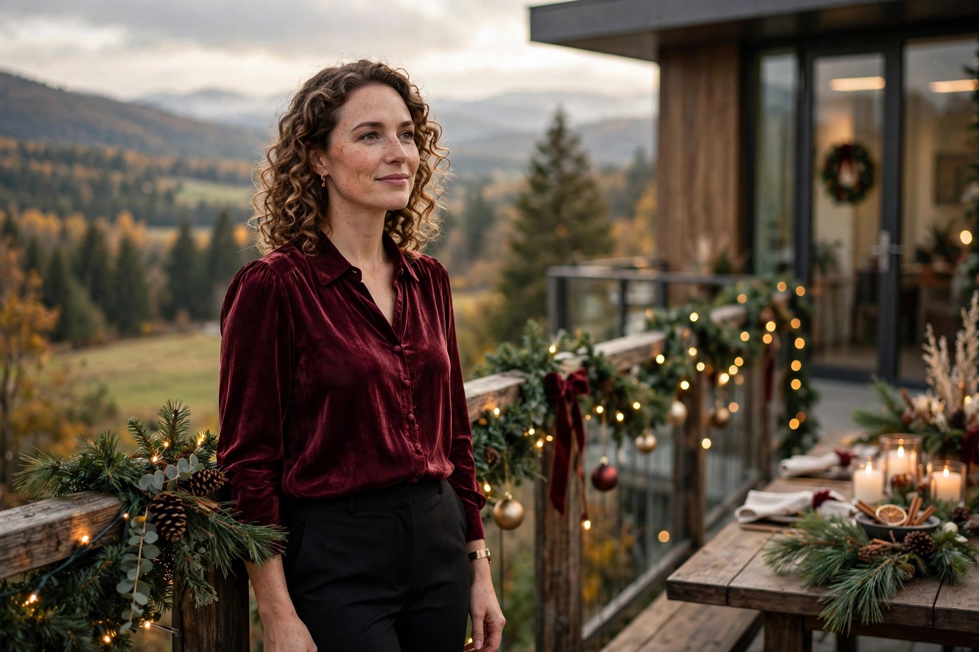 A professional woman in a burgundy blouse and tailored trousers at an office holiday party