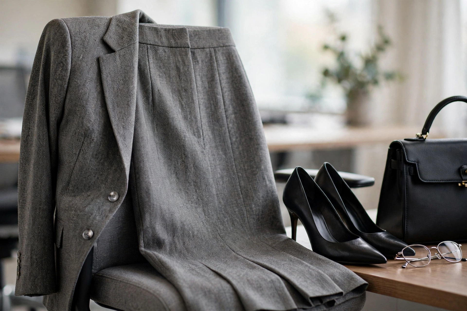Tailored grey pencil skirt and blazer beside pointed black heels, slim silver glasses and a structured black handbag in a bright office