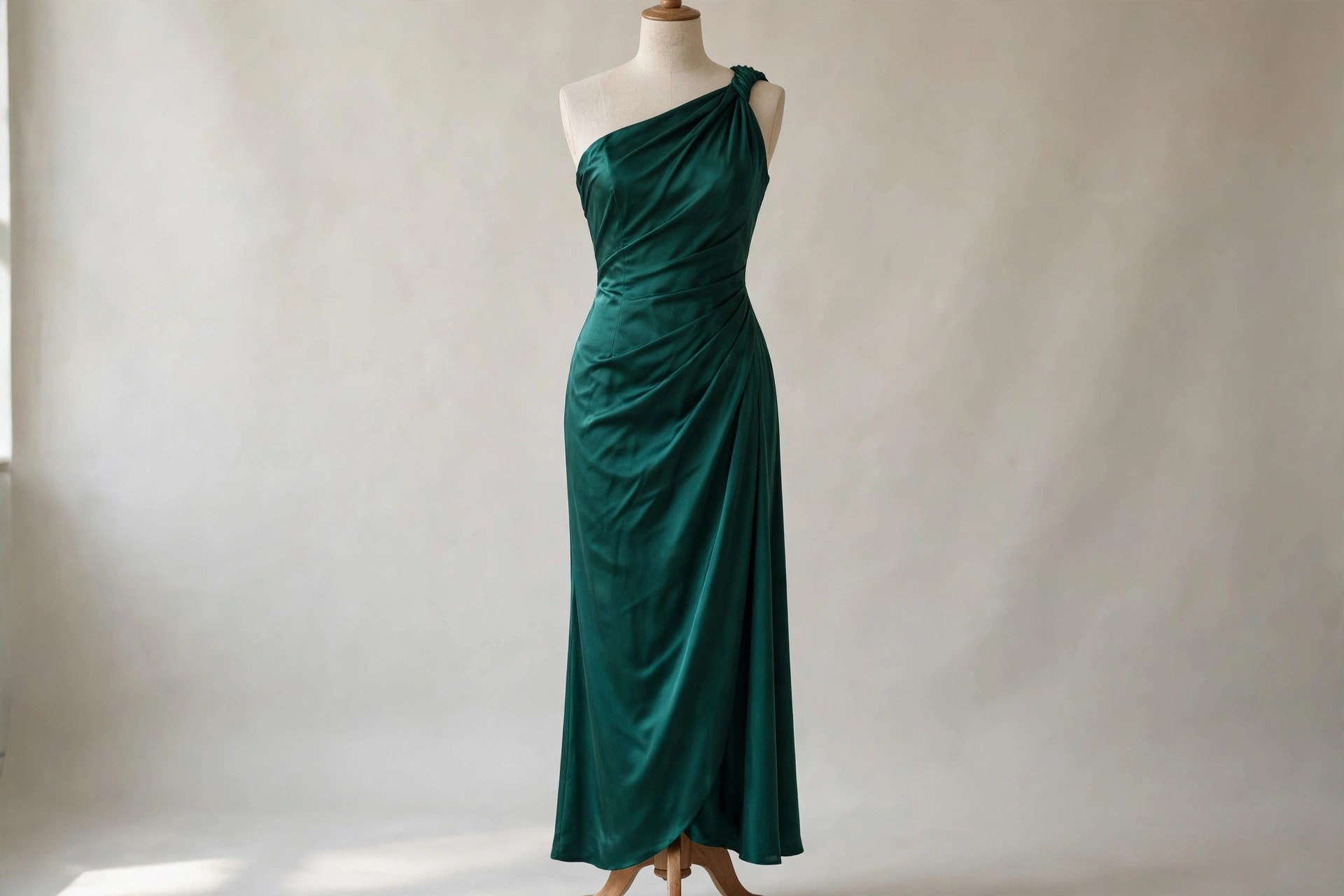 Emerald one-shoulder evening dress on a dress form in a studio setting
