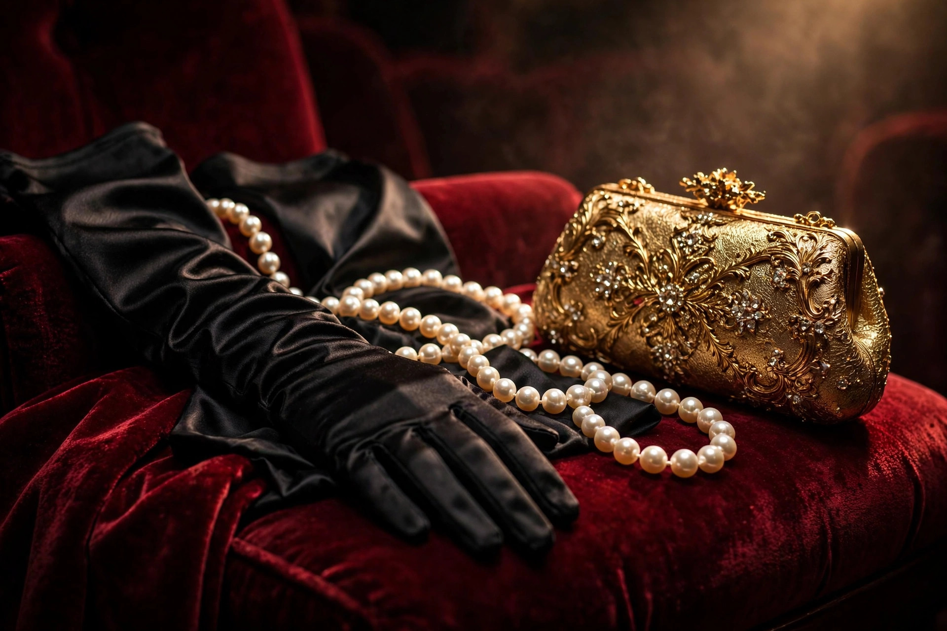 Long black satin opera gloves, a pearl necklace and an ornate gold evening clutch resting on deep red velvet theatre seating