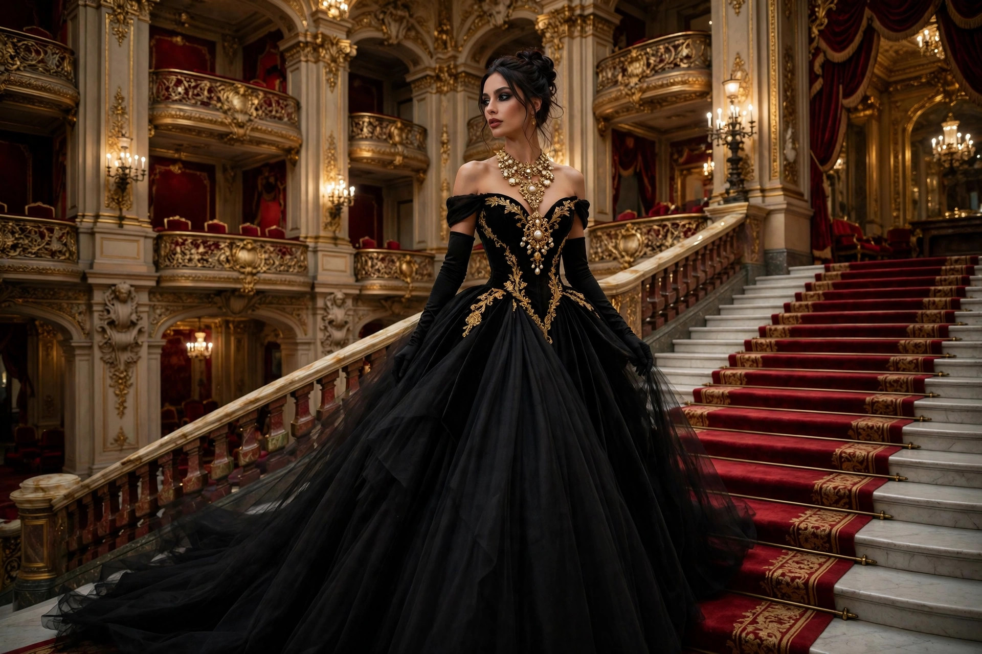 Woman in a sweeping black ball gown with long opera gloves and an ornate gold necklace on the grand staircase of an ornate opera house