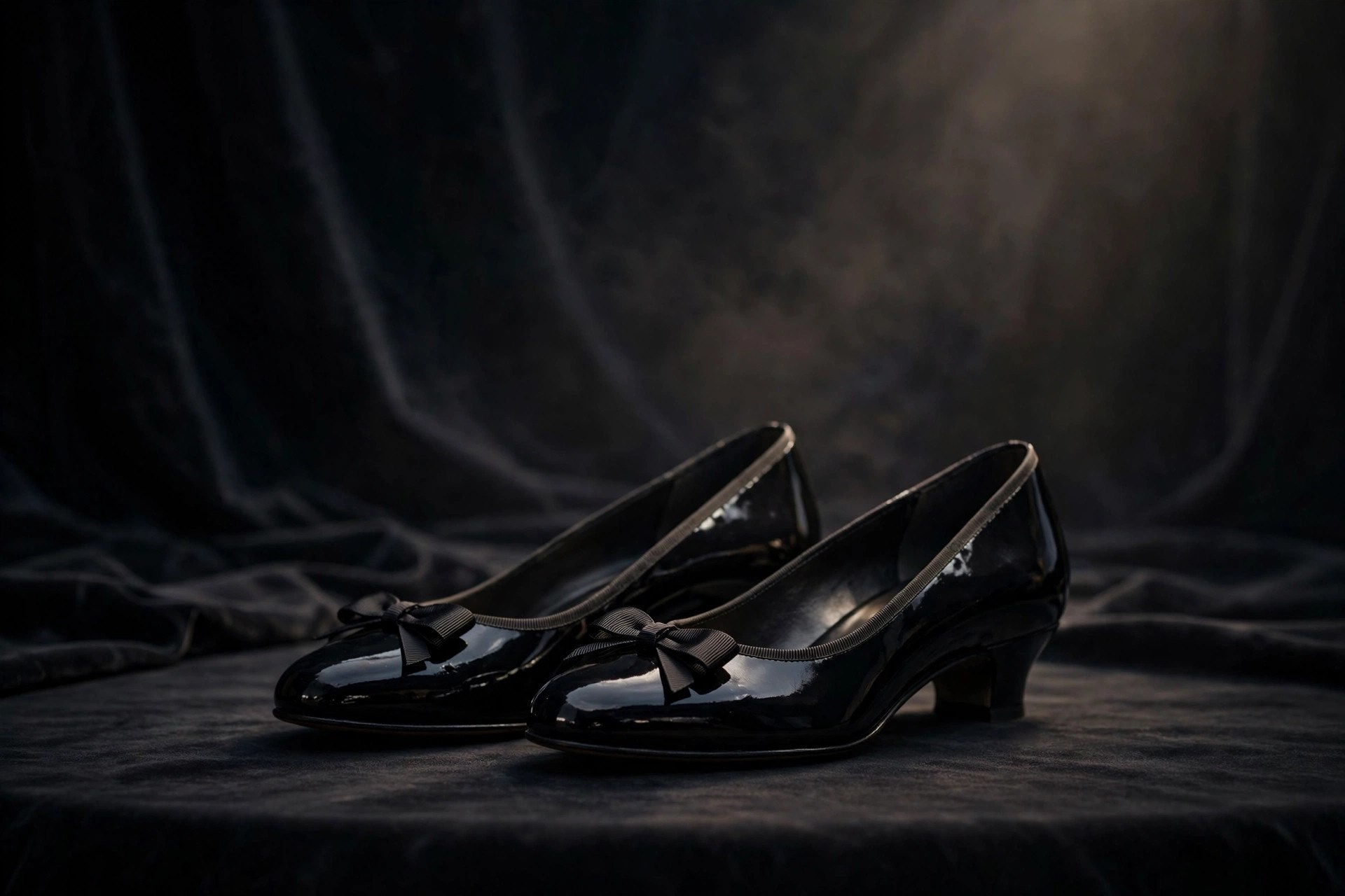 A pair of black patent leather opera pumps with grosgrain bows placed beside a white tie evening outfit on a dark background