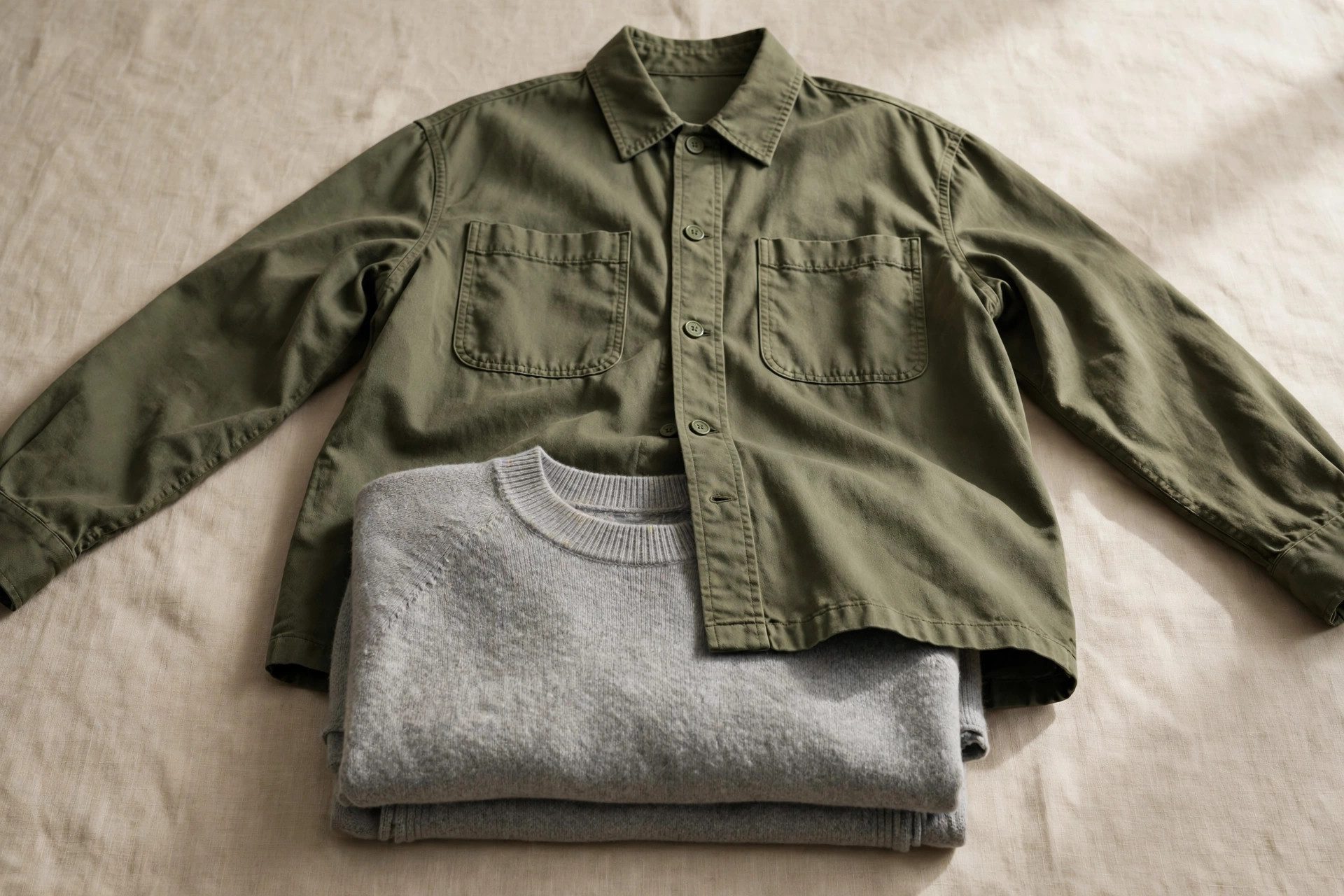 Olive twill overshirt with patch pockets laid flat over a grey crew-neck sweater