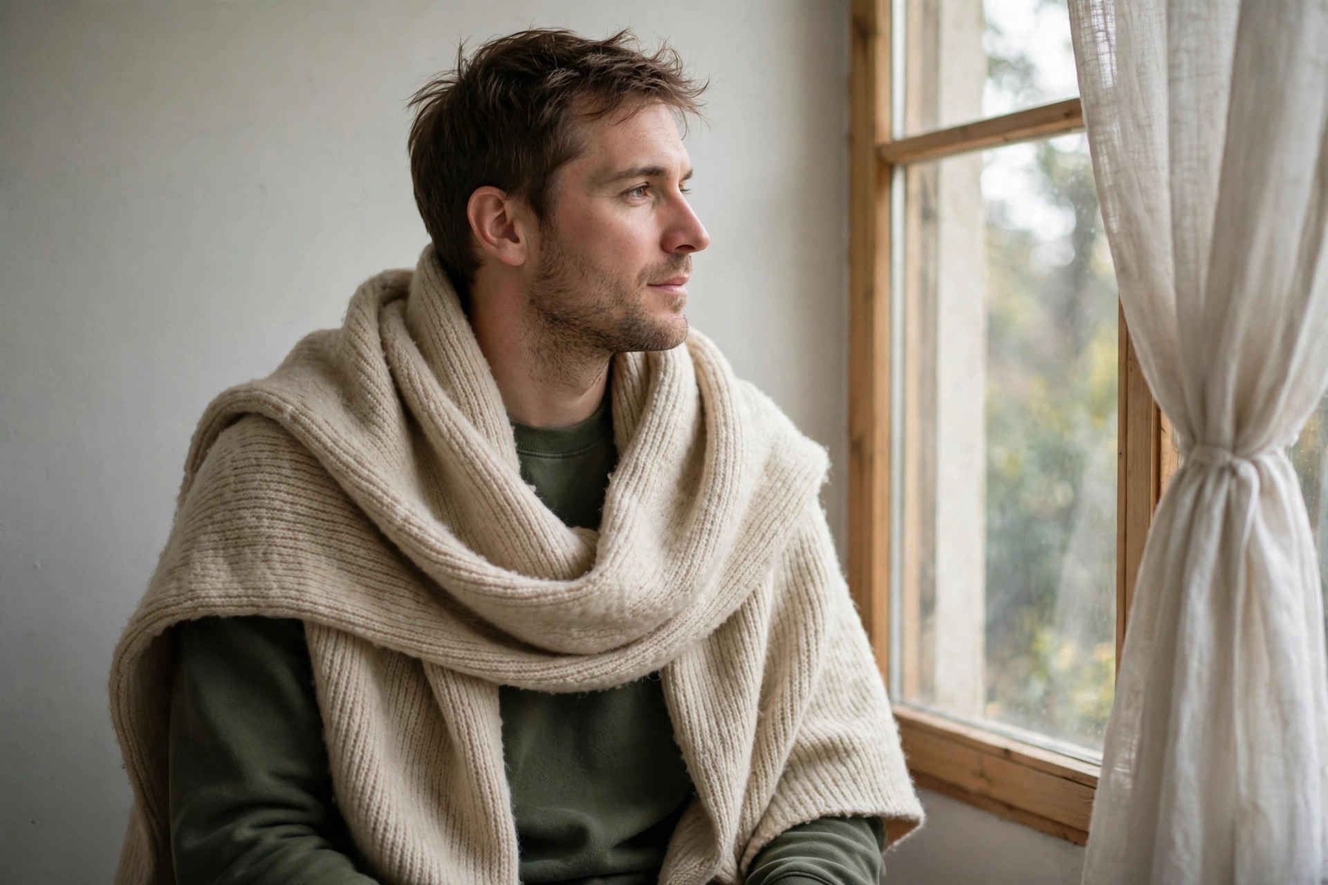 Oversized scarf draped as a shawl over the shoulders of a person sitting indoors by a window