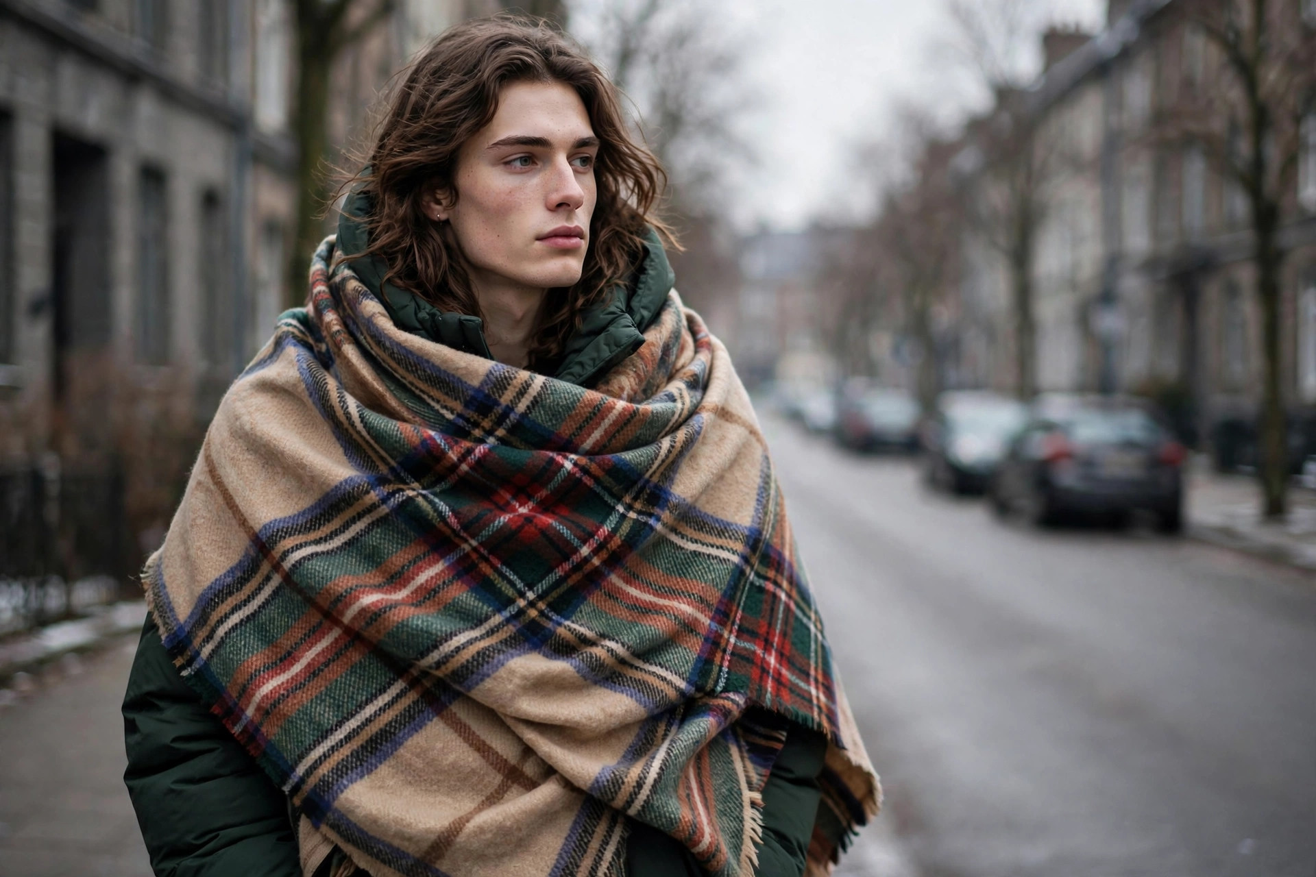 Model wrapped in a large plaid blanket scarf over a dark winter coat on a city street
