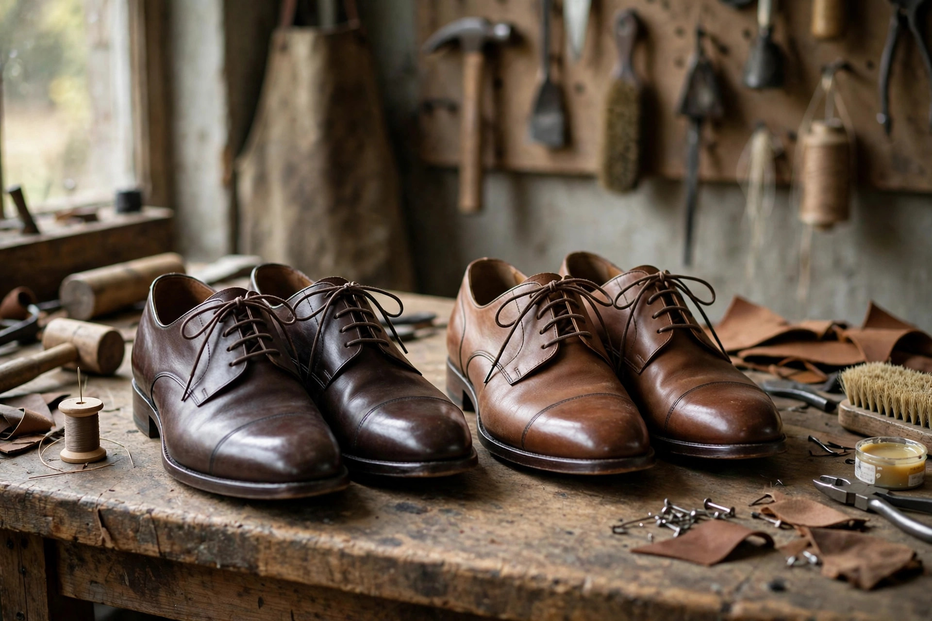 Two pairs of men's leather lace-up dress shoes side by side on a cobbler's bench, one with closed lacing and one with open lacing