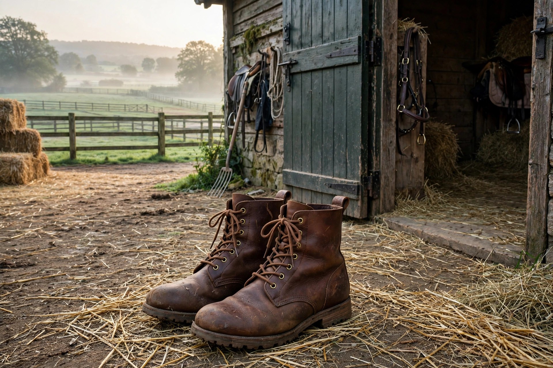 A pair of brown leather paddock boots with front lacing and small heels standing on straw in a stable yard beside a pair of half chaps