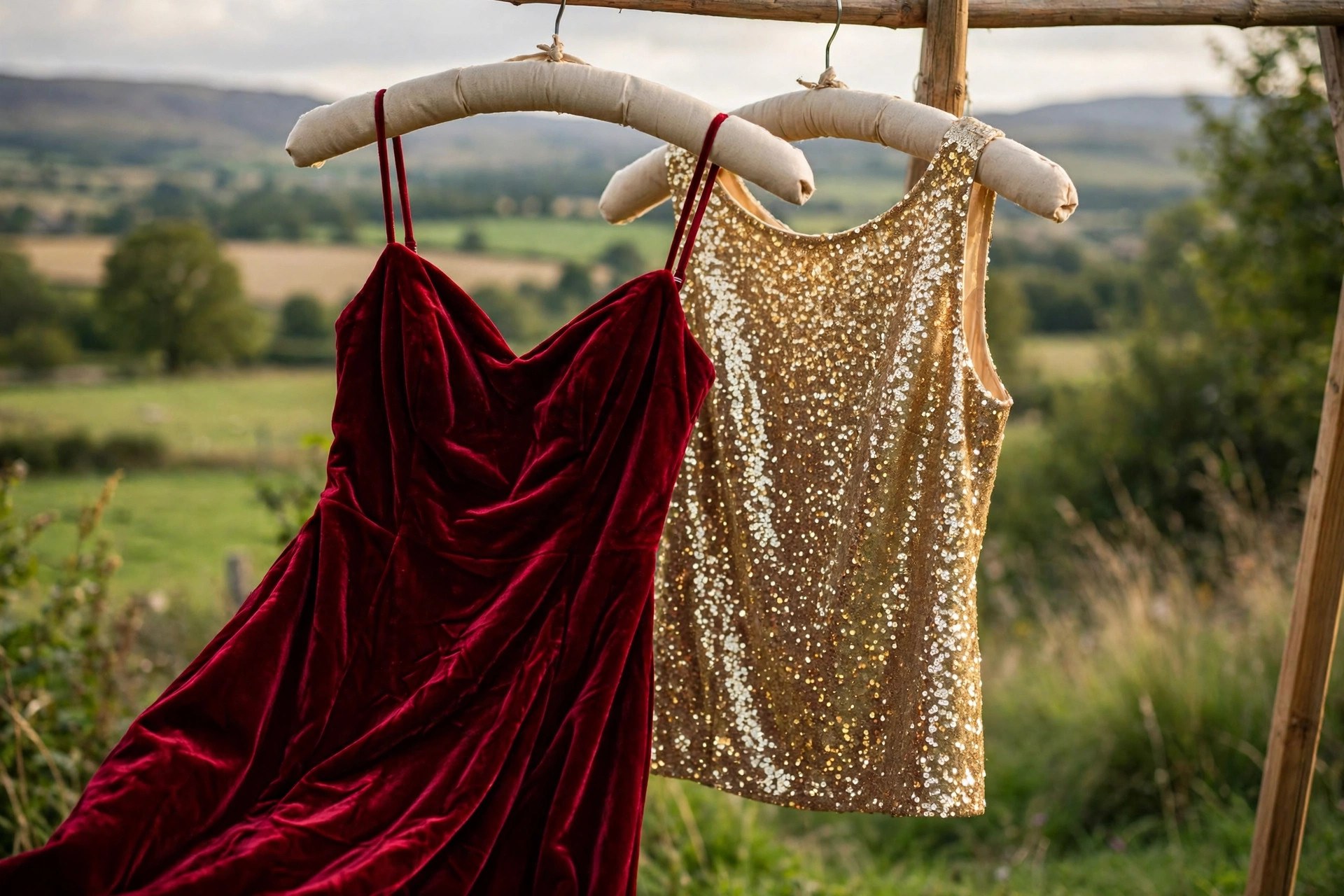 A red velvet dress and gold sequined top hanging side by side on padded hangers