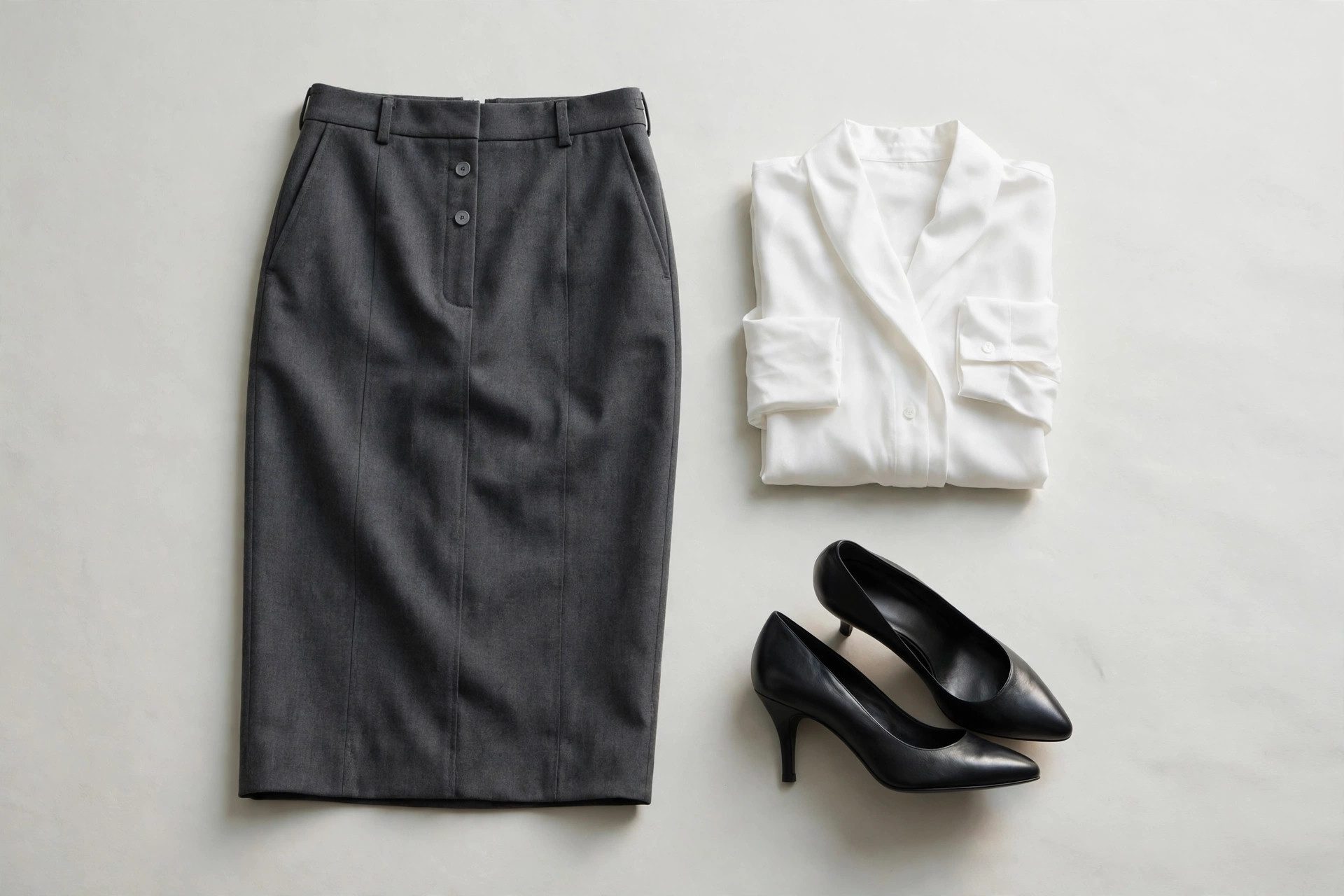 Charcoal pencil skirt laid flat with a white blouse and black pumps