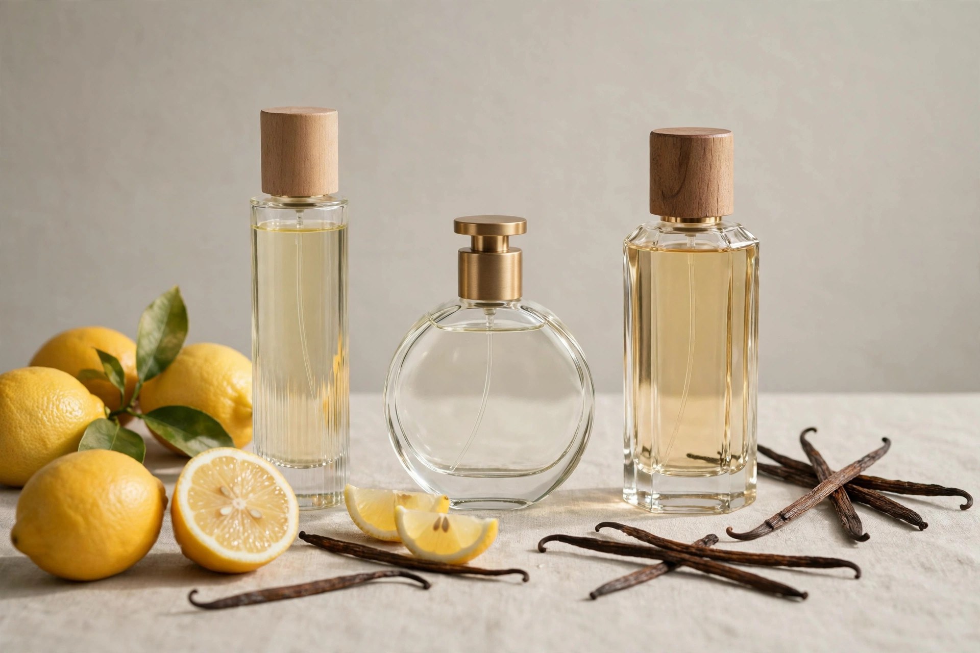 Three elegant perfume bottles with vanilla pods and citrus fruit in a still life