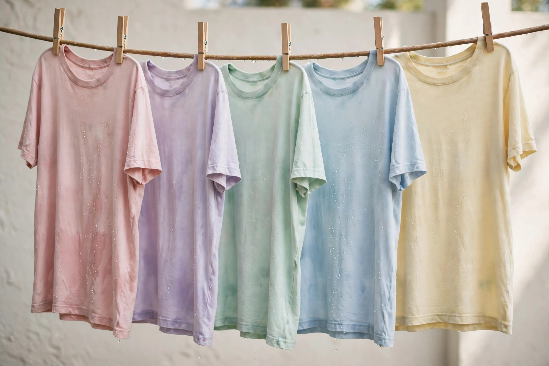 Garment-dyed pigment t-shirts in faded pastel shades hanging after a wash