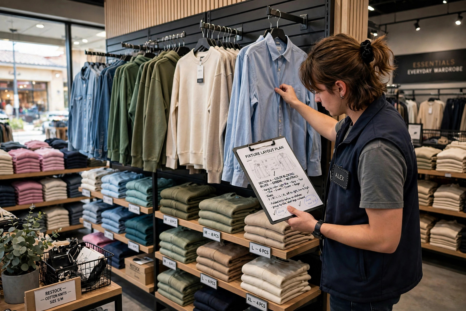 Retail worker arranging clothing on wall fixtures and shelves following a printed fixture layout plan, garments organized by color and size