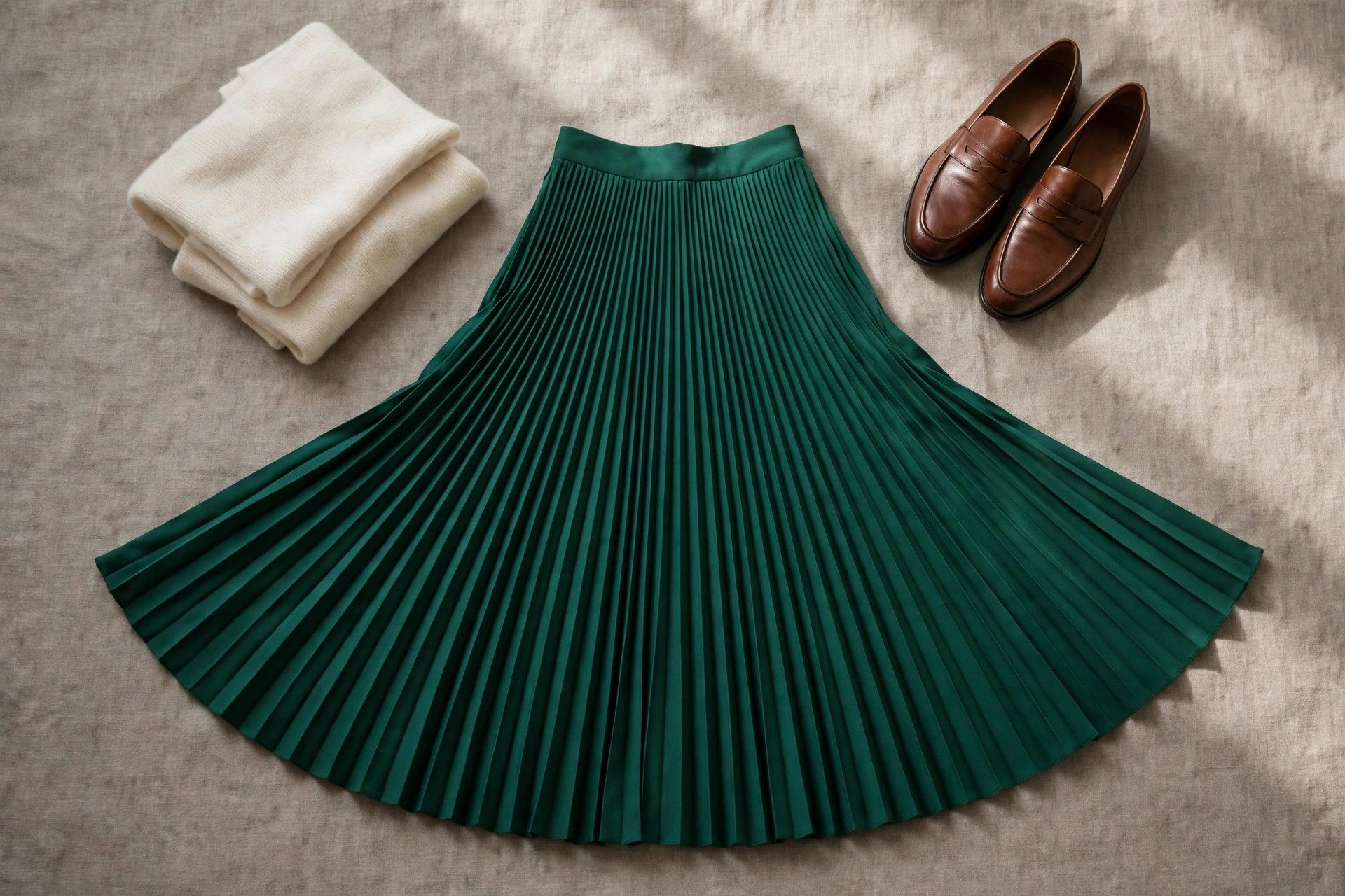 Emerald green pleated midi skirt laid flat with a folded cream knit top and brown loafers