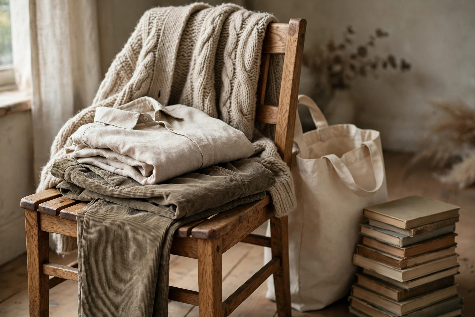 Poetcore wardrobe still life: a chunky knitted cardigan, linen shirt and corduroy trousers on a wooden chair beside a stack of well-loved paperback books
