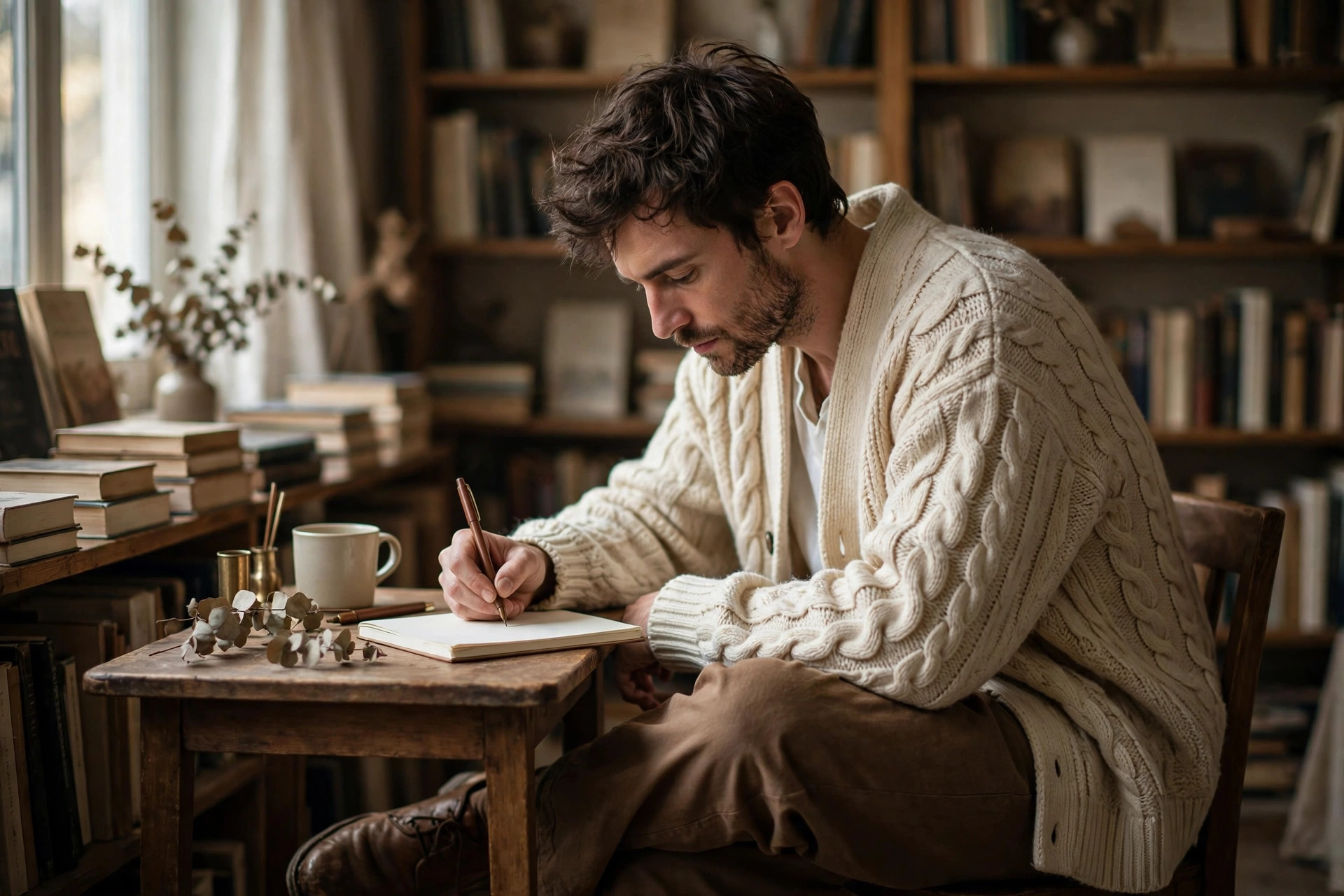 Man wearing poetcore clothing: an oversized cream cable-knit cardigan over a white shirt with loose brown trousers, writing at a wooden table in a quiet bookshop