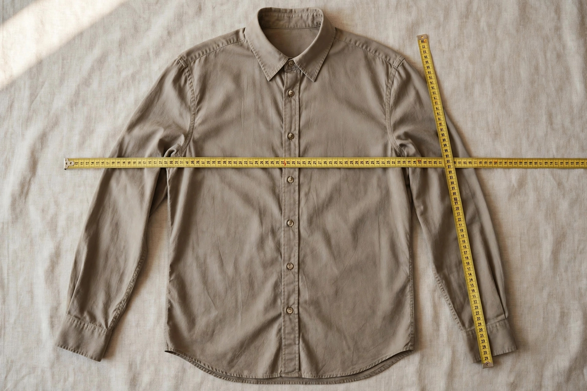 Garment laid flat with a measuring tape across the chest and along the sleeve for points of measure