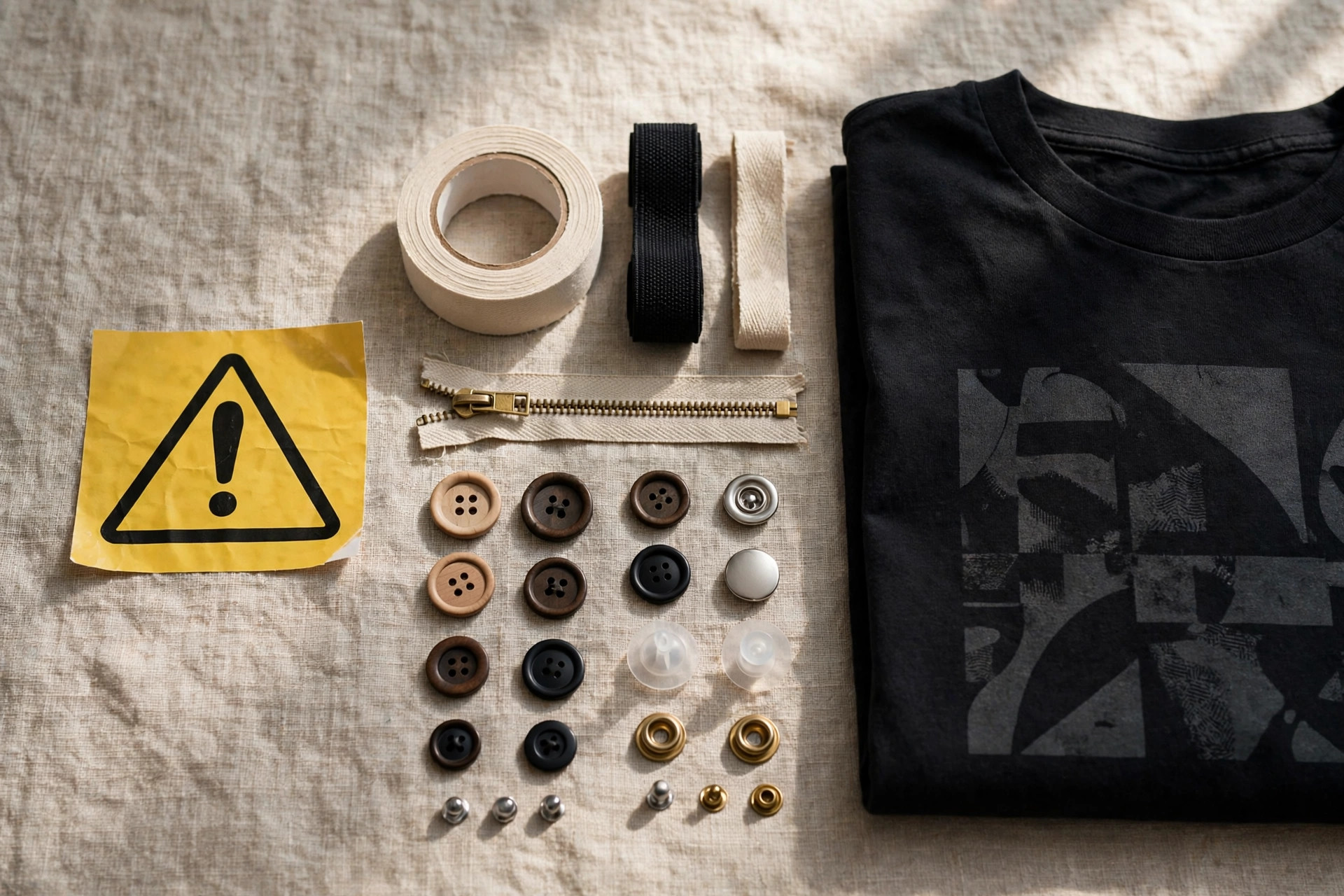 California Prop 65 warning label beside clothing trims, buttons, and a printed t-shirt