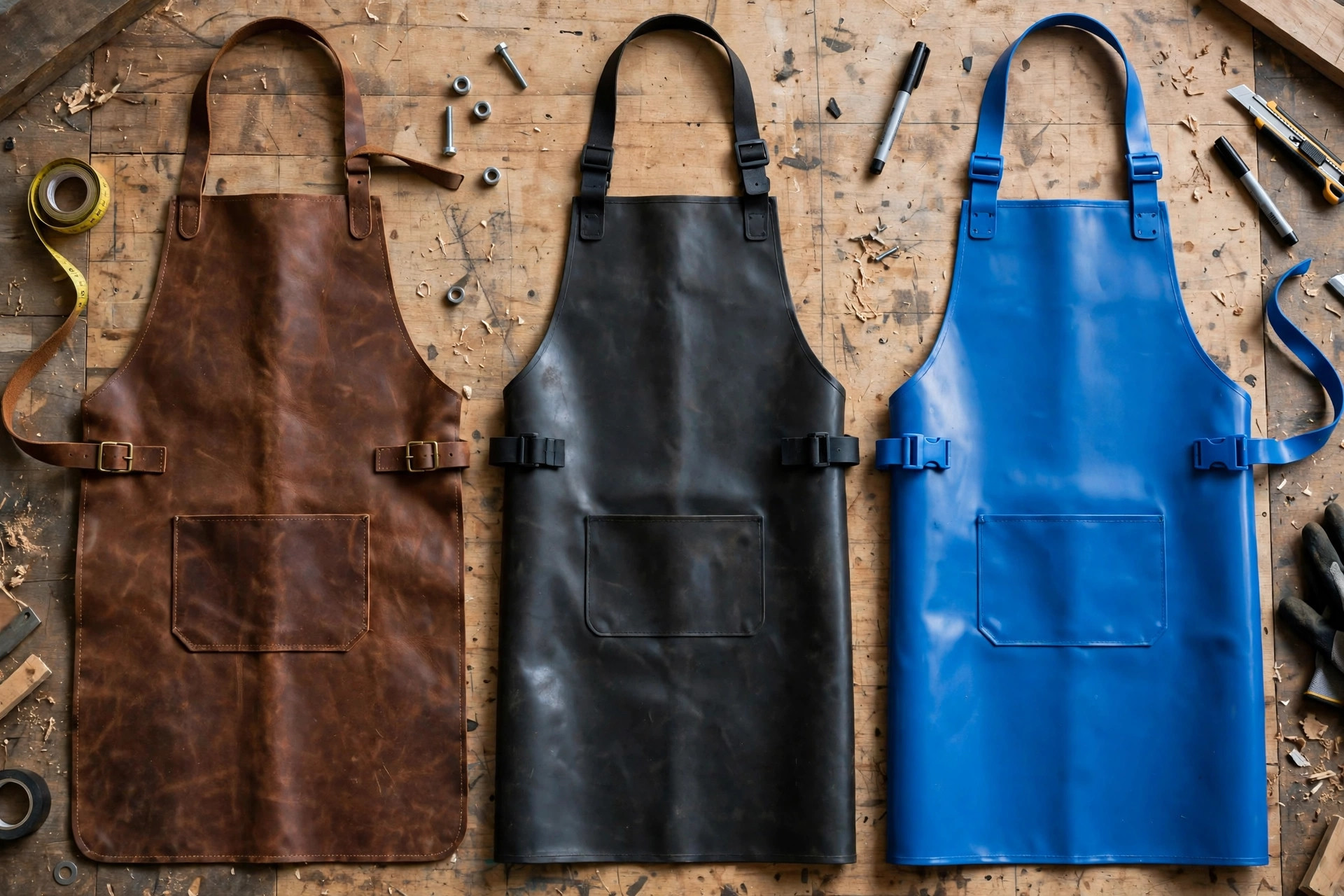 Leather, rubber and blue PVC industrial protective aprons arranged side by side on a workbench