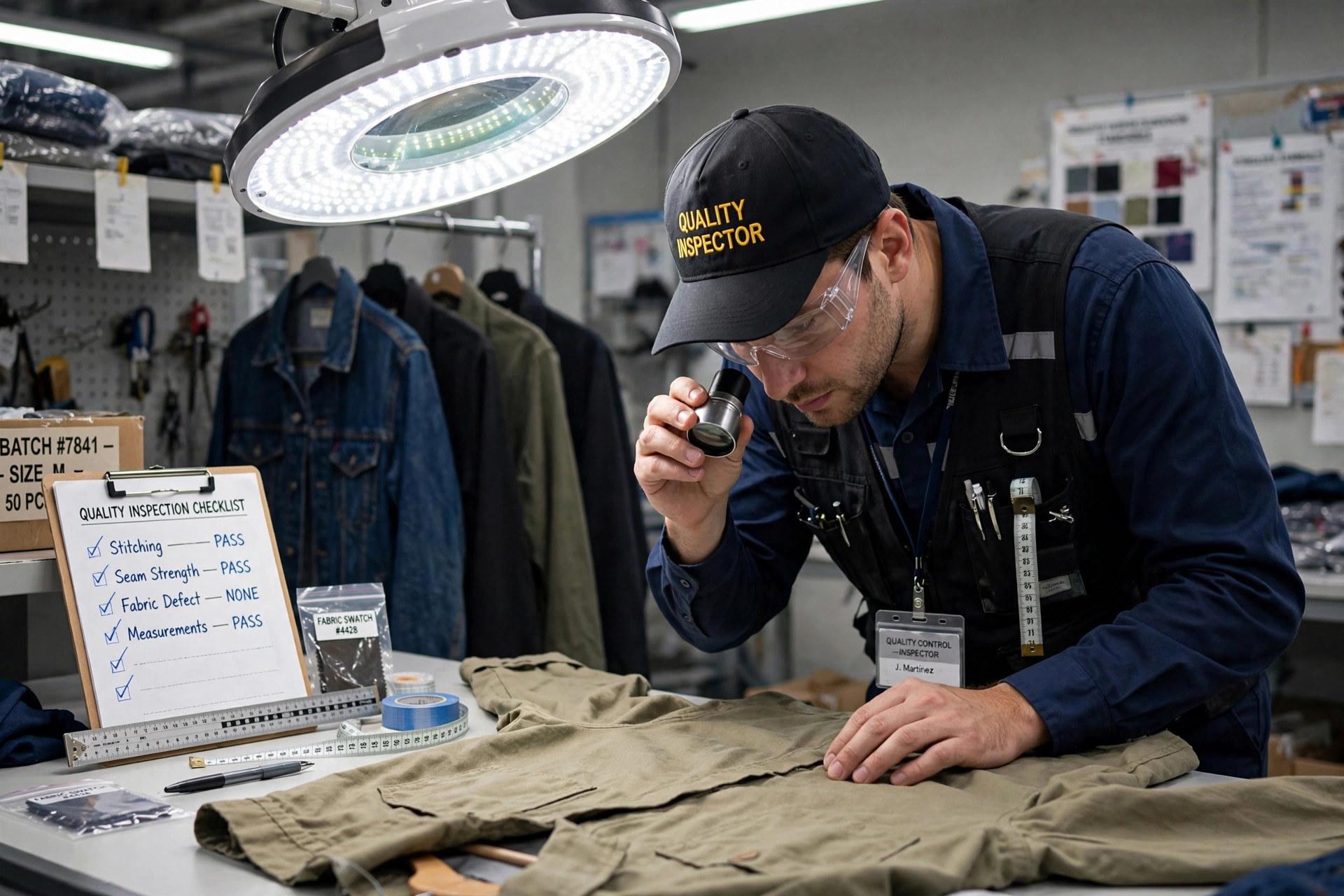 Quality inspector examining garments under bright inspection lighting