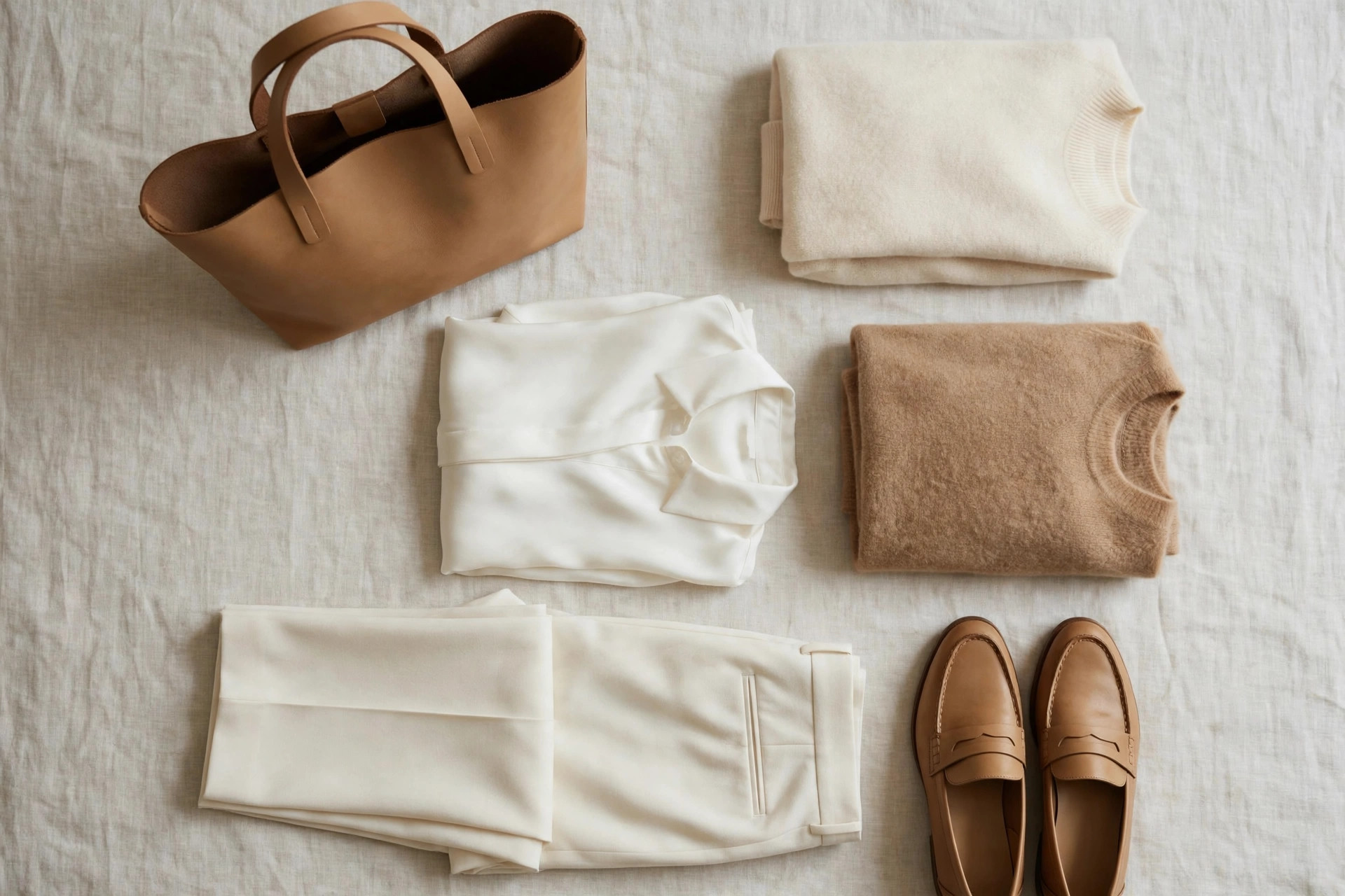 Quiet luxury wardrobe flat lay: folded cream and camel cashmere sweaters, a white silk blouse, ivory tailored trousers, tan leather loafers and a plain unbranded leather tote on linen