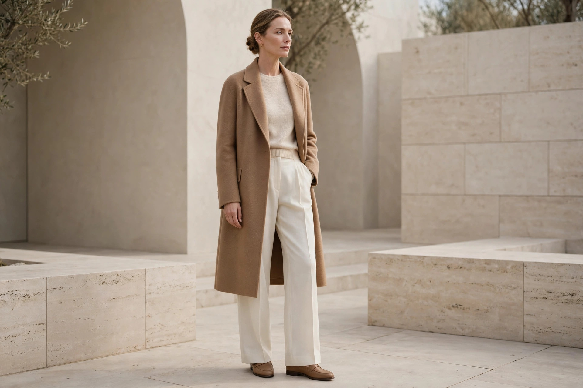 Woman in a quiet luxury outfit of a camel cashmere coat, cream knit sweater and ivory tailored trousers with plain leather loafers, no logos, in a calm stone courtyard