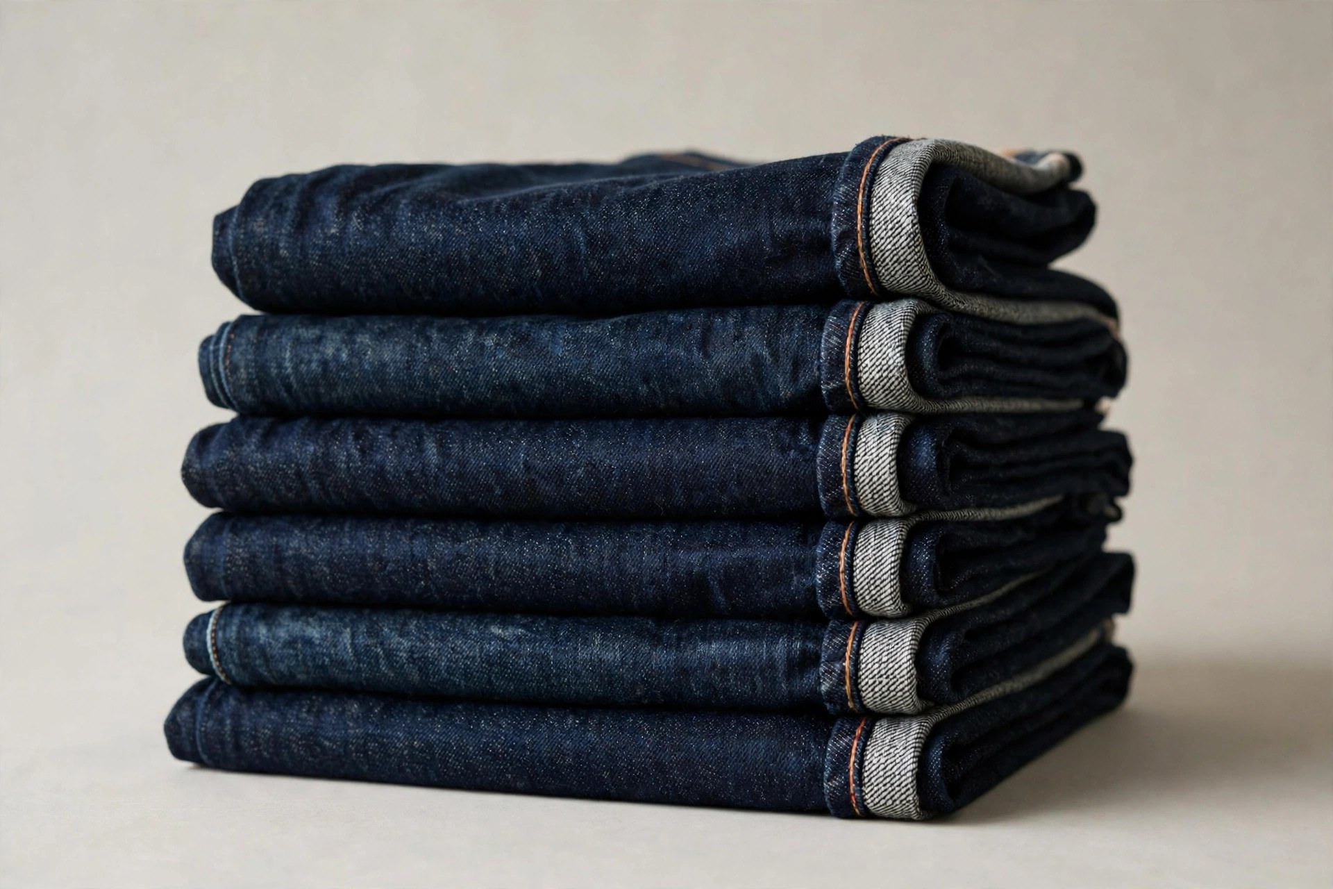 Stack of folded dark indigo raw denim jeans showing the selvedge edge
