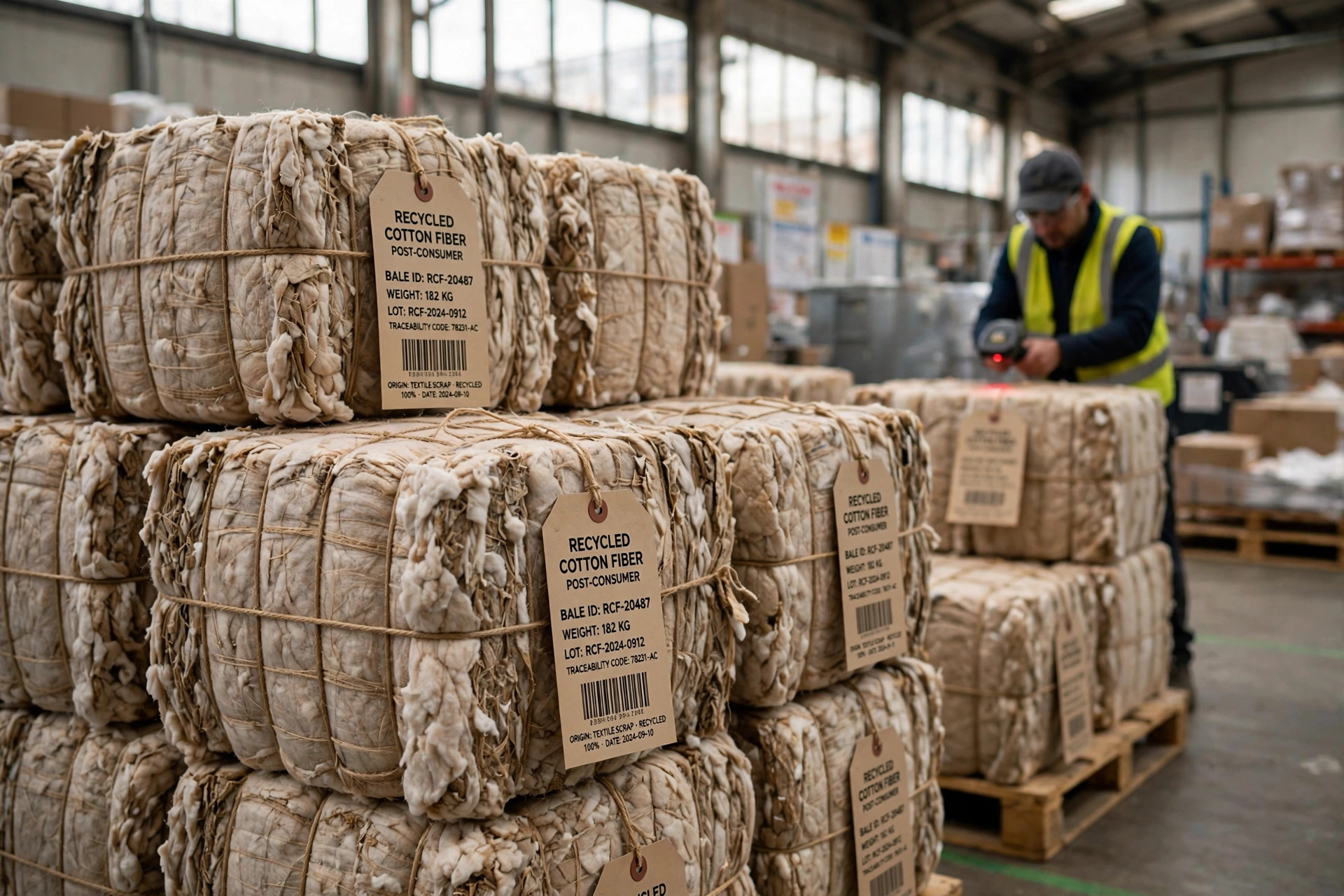 Warehouse bales of recycled cotton fiber with traceability tags being scanned by a worker