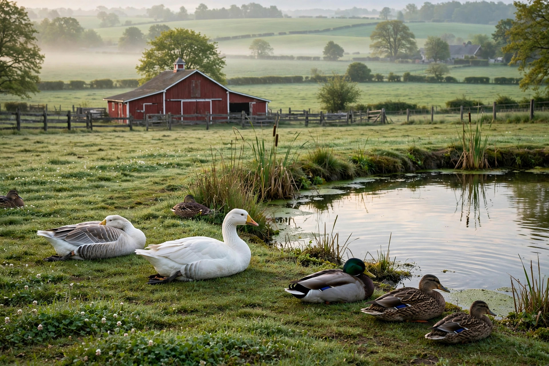 Healthy geese and ducks resting on clean pasture beside a pond at a well-kept farm