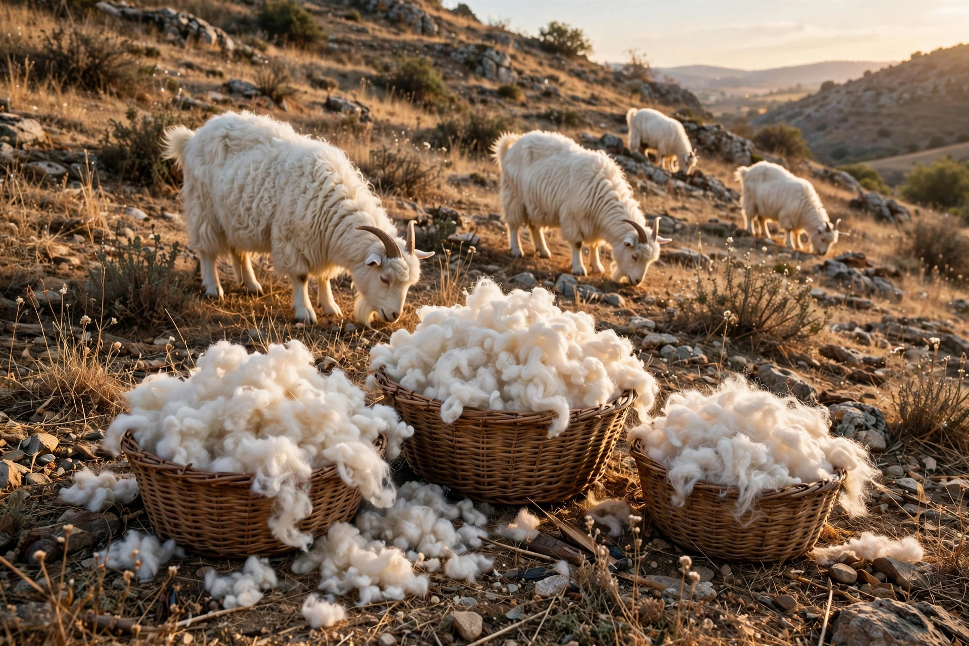 White Angora goats grazing on a dry hillside pasture with baskets of mohair fiber in the foreground