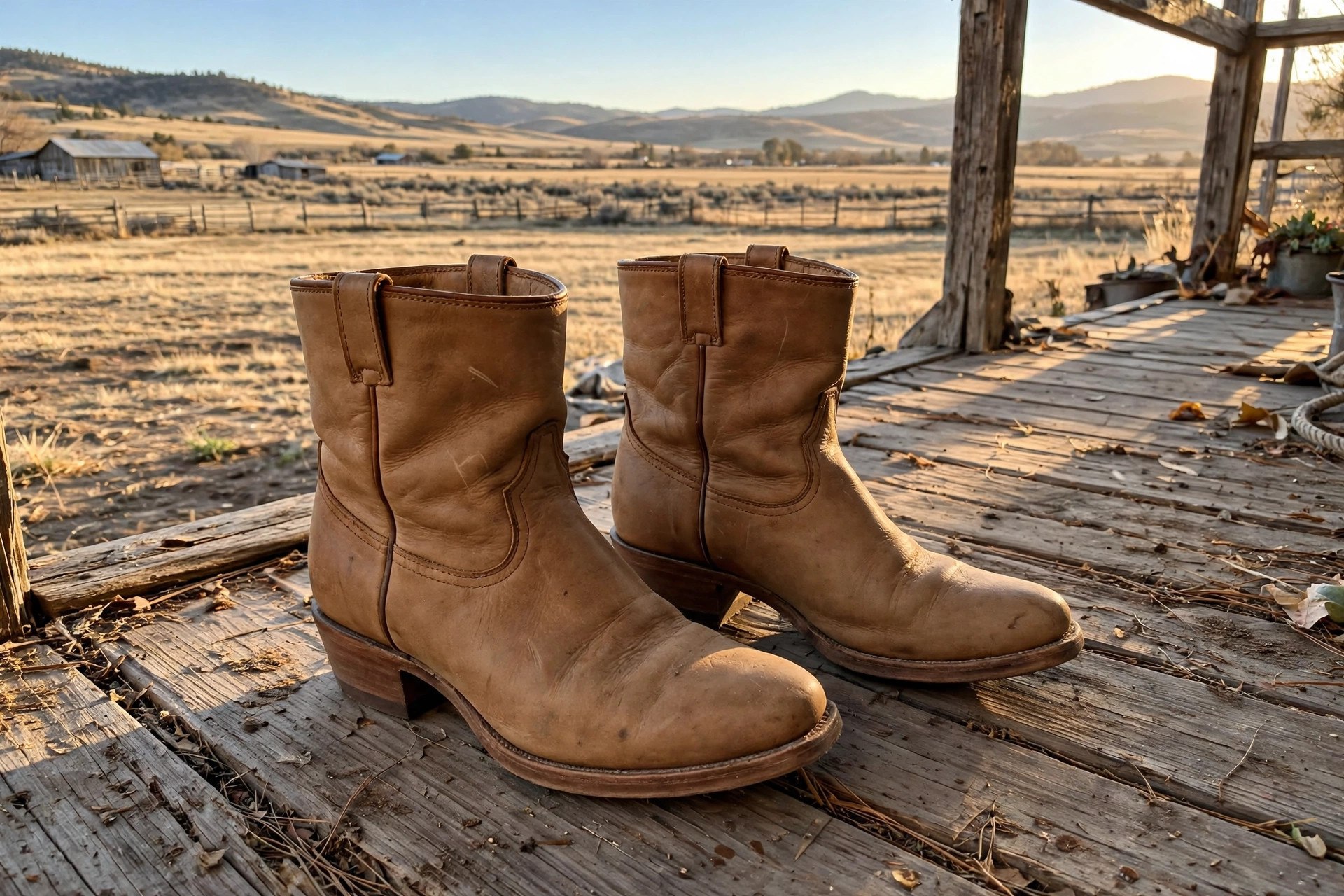 A pair of brown leather roper boots with a short shaft, low wide heel and rounded toe standing on ranch dirt beside a coiled rope