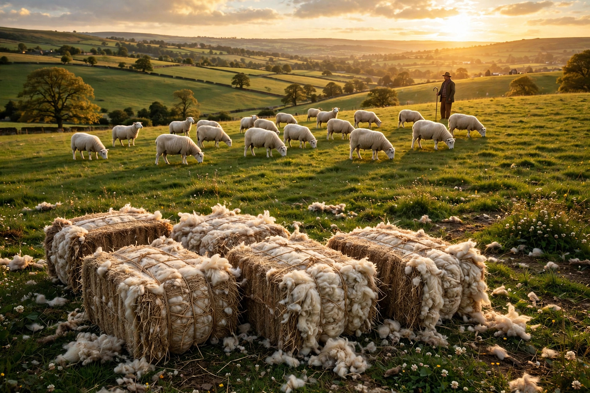 Sheep grazing on green pasture at golden hour with bales of freshly shorn wool in the foreground