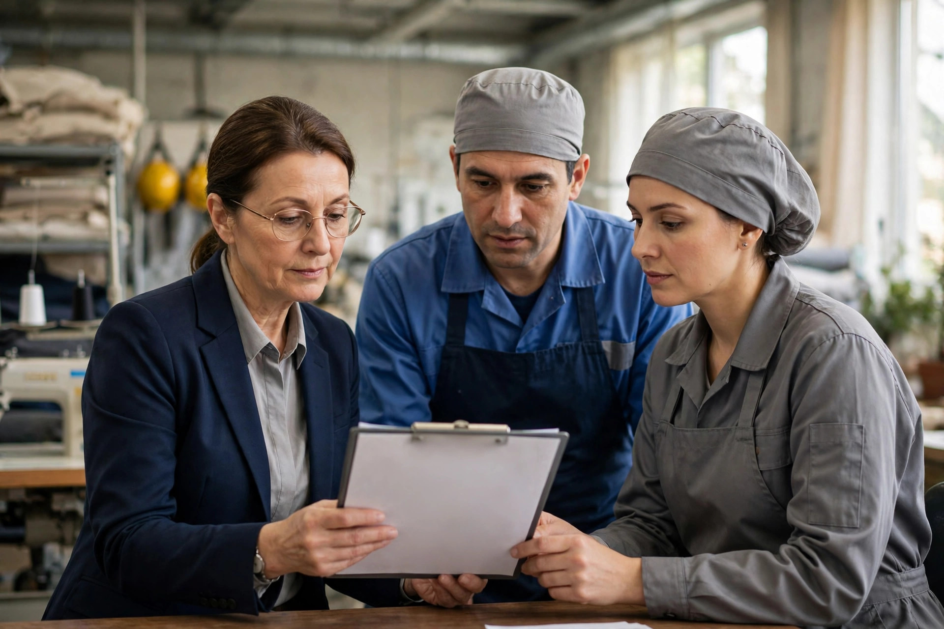 Auditor reviewing worker records and safety conditions with factory staff during a social compliance audit