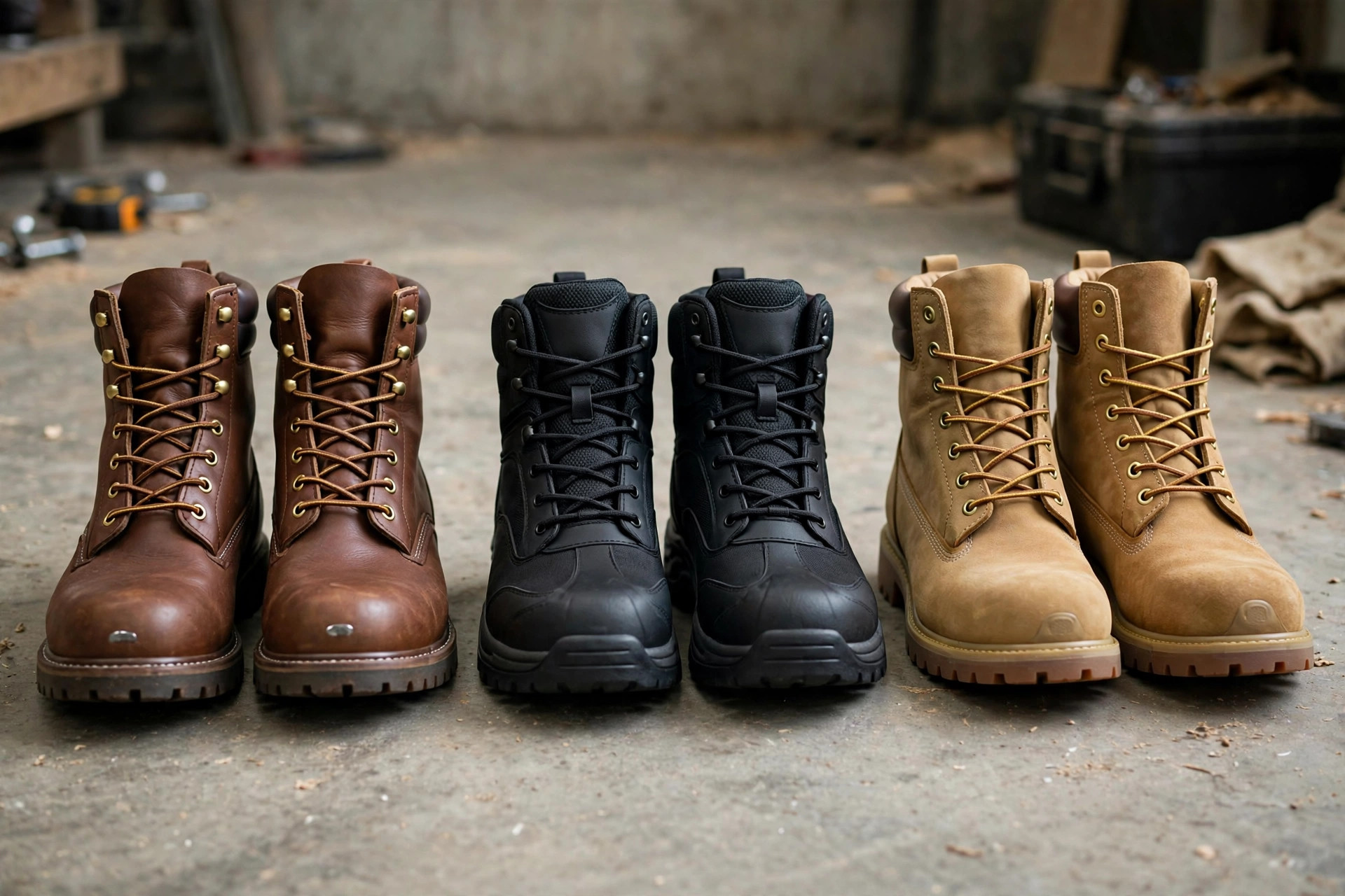 Three pairs of safety toe work boots in a row: leather steel toe, black composite toe and tan alloy toe boots