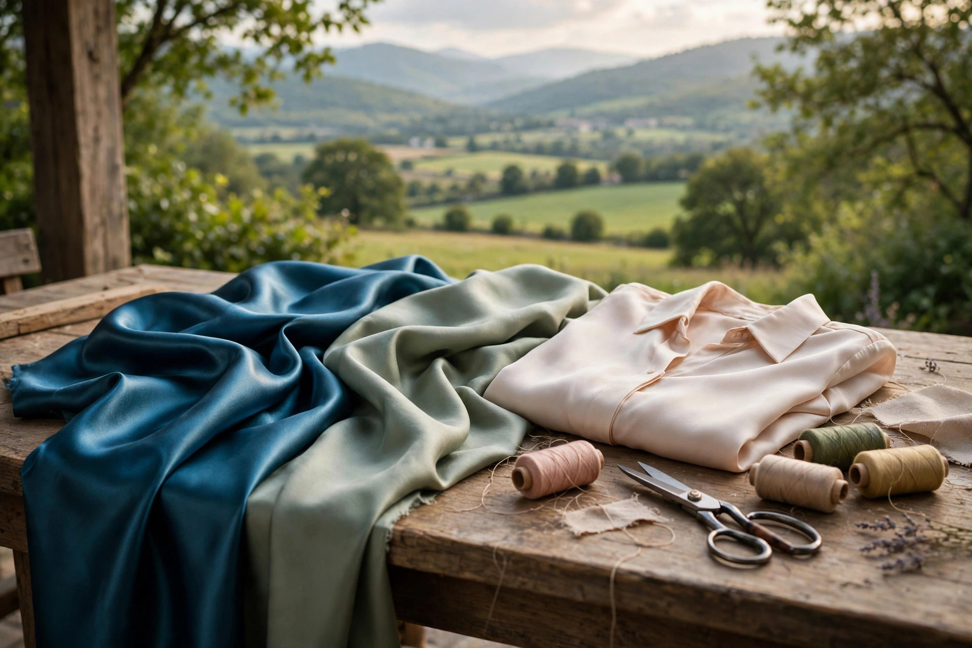 Glossy satin fabric draped beside a silk blouse and silk fabric on a worktable with thread spools and shears