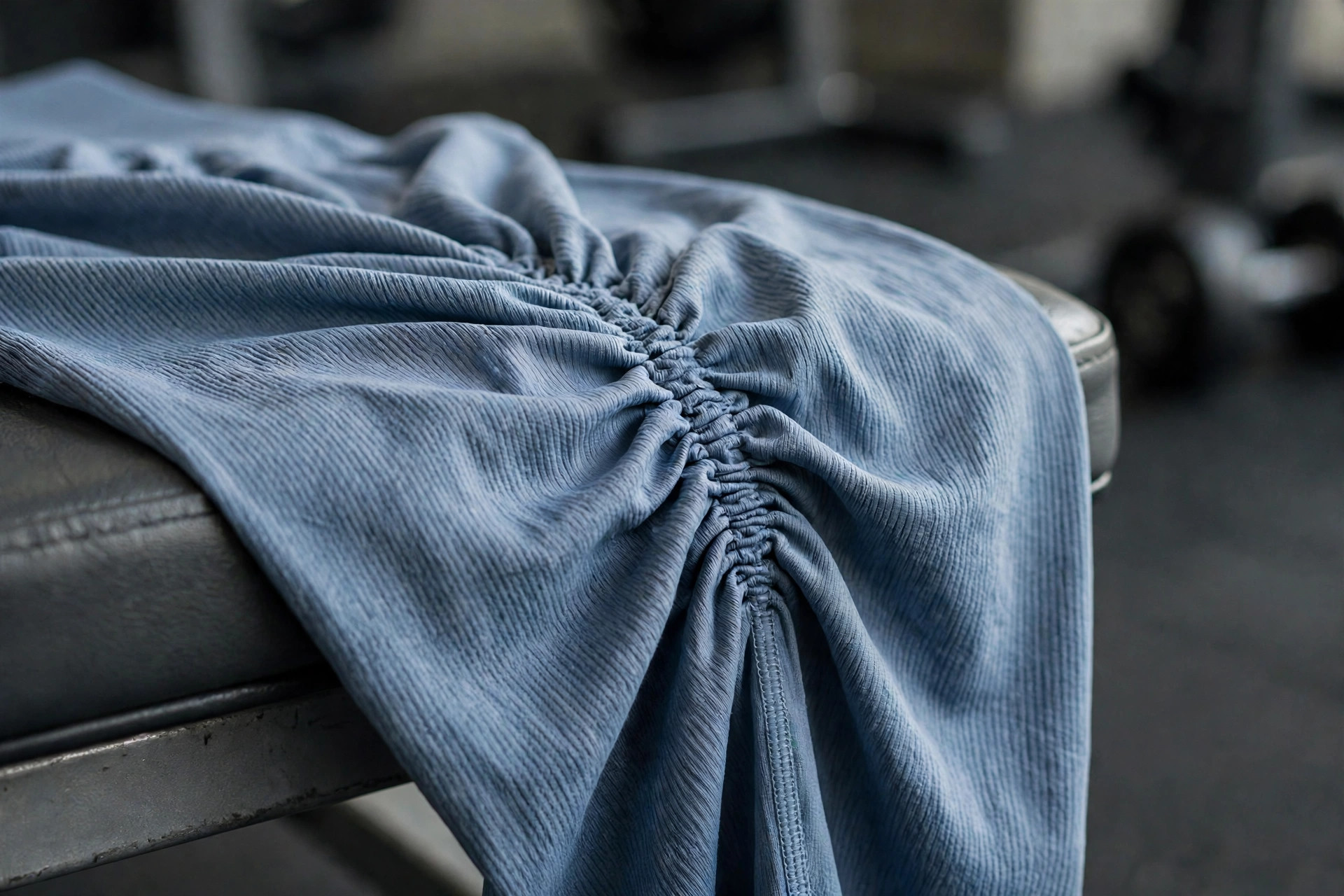 Close-up detail of the gathered scrunch seam and textured fabric of scrunch leggings in dusty blue draped over a gym bench