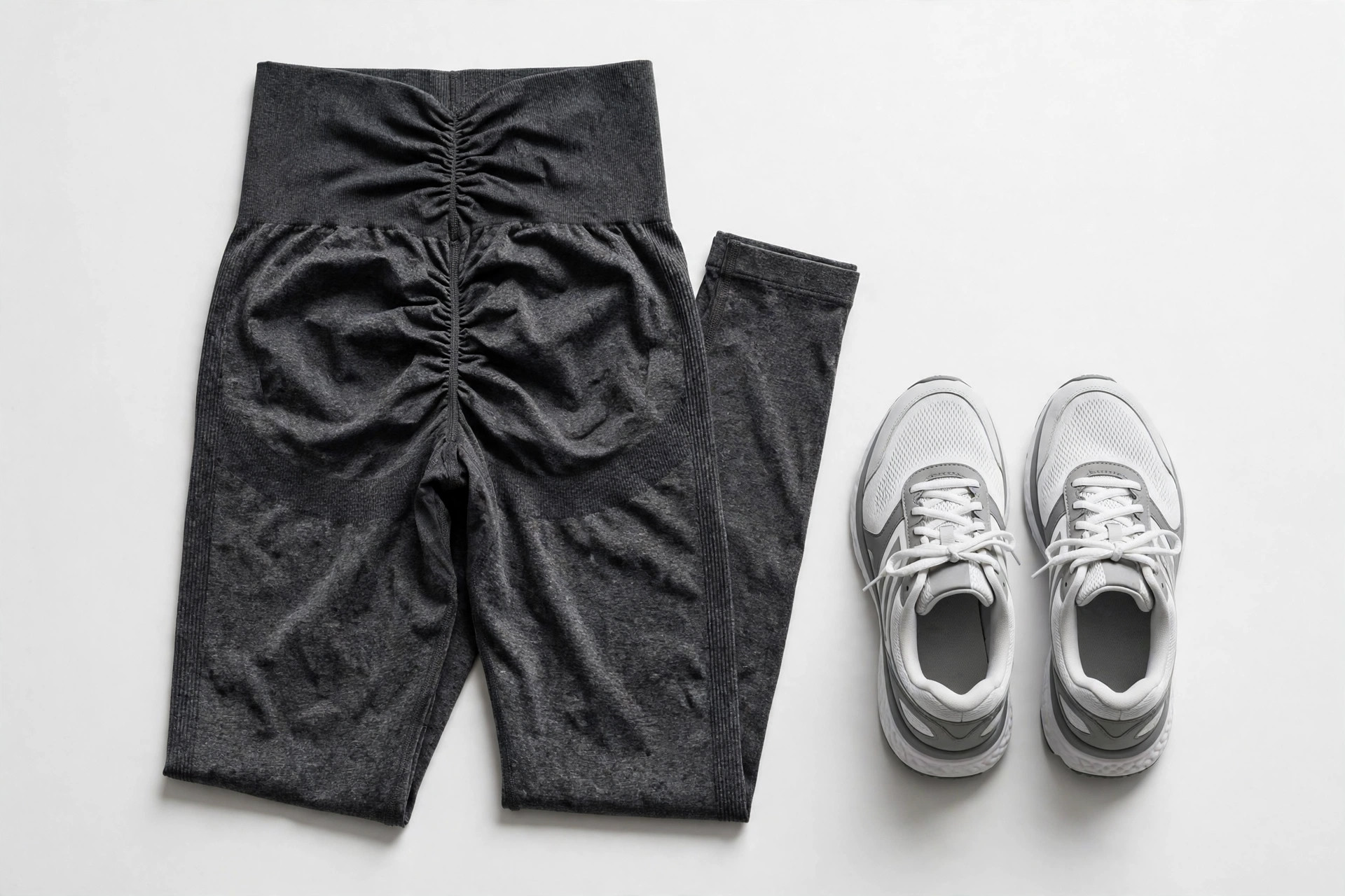 Charcoal scrunch leggings with a ruched scrunch seam detail at the back waist, displayed flat on a clean studio background beside gym shoes