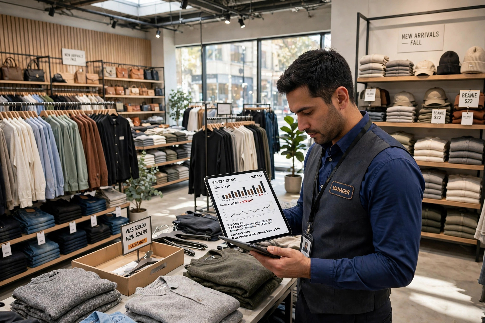 Clothing store sales floor with stocked apparel racks, partially emptied displays, and a manager reviewing sales on a tablet