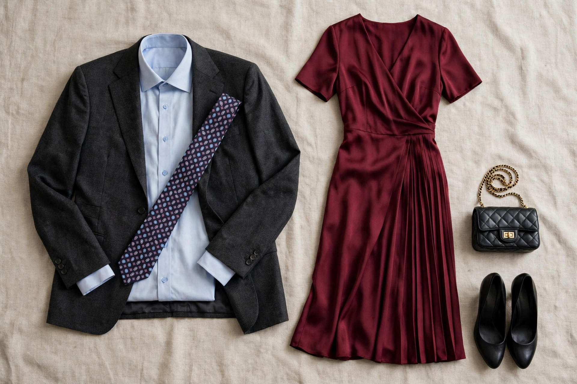 Flat lay of a charcoal suit with a dress shirt and tie beside a burgundy midi dress, an evening bag and pumps