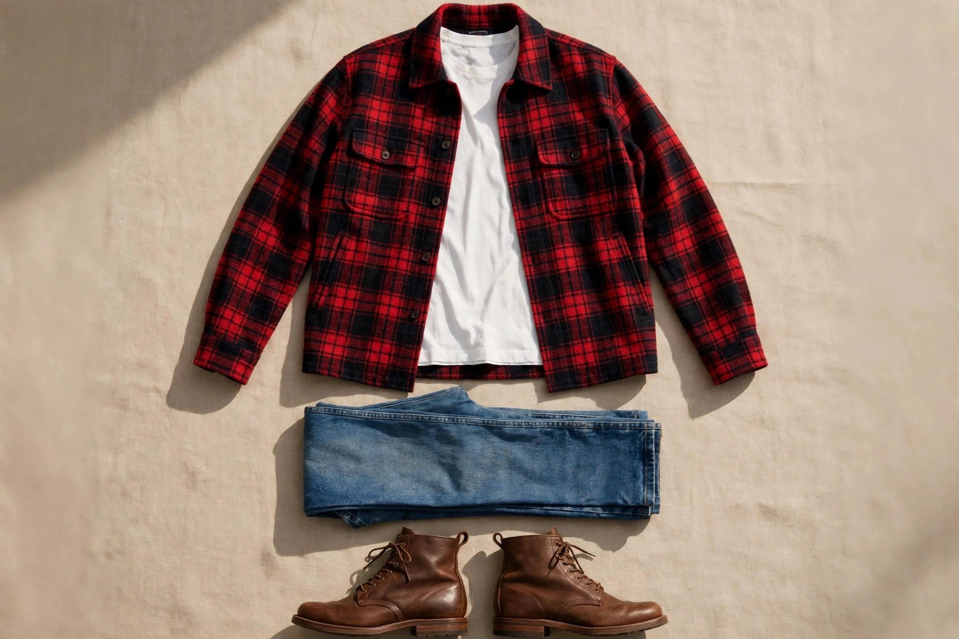 Plaid wool shacket laid flat over a plain white T-shirt with jeans and boots