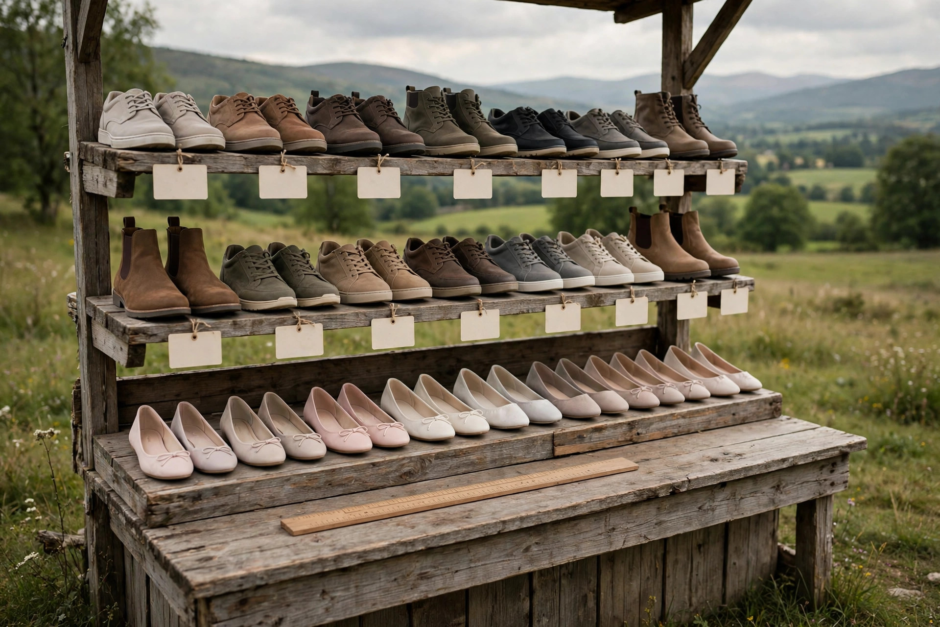 Rows of plain men's and women's shoes on store shelves with blank size tags and a ruler on the counter