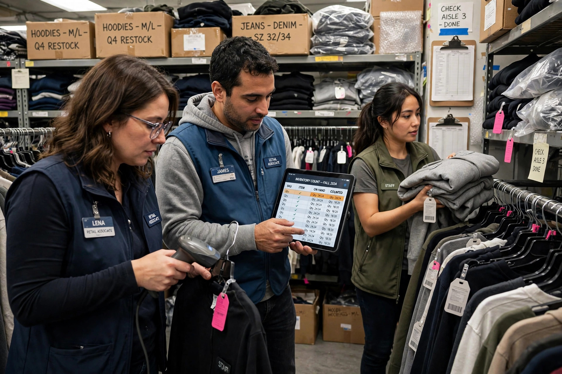 Retail staff conducting a physical inventory count in a clothing store stockroom, scanning garments and comparing counts on a tablet