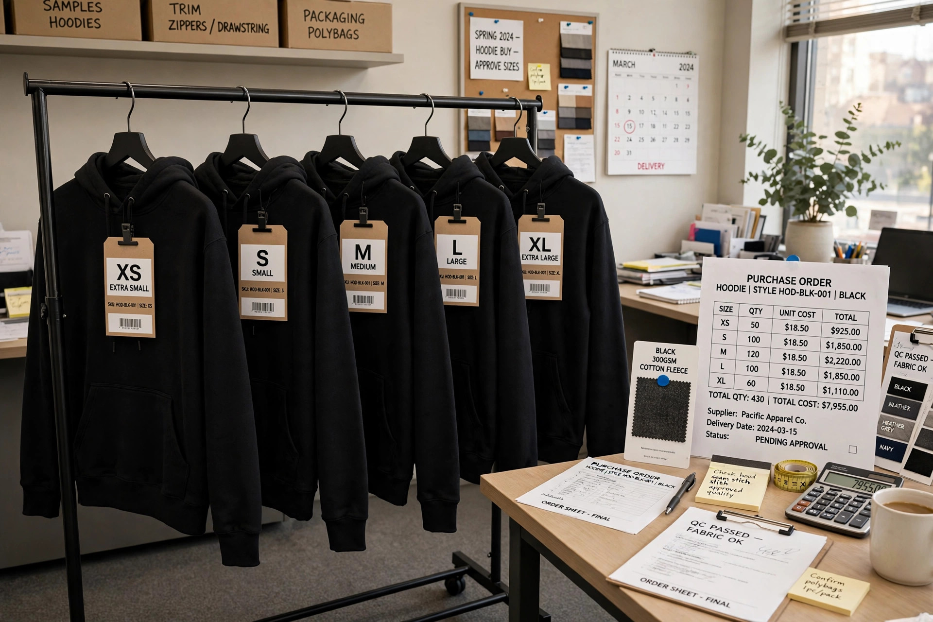 Clothing rack in a buying office showing the same garment style in a full range of sizes with size tags visible and order sheets nearby