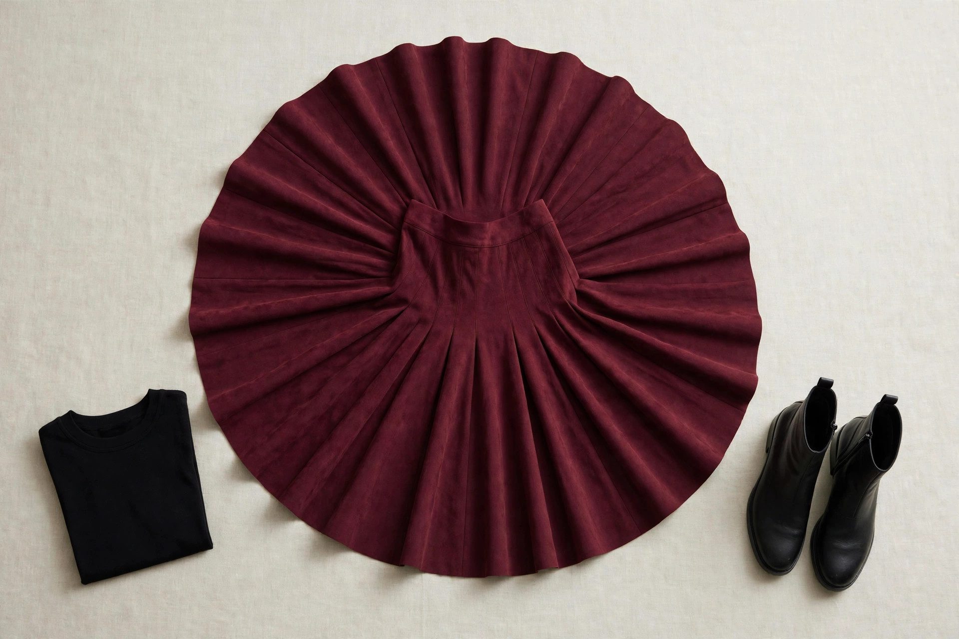 Burgundy skater skirt laid flat with a fitted black top and ankle boots