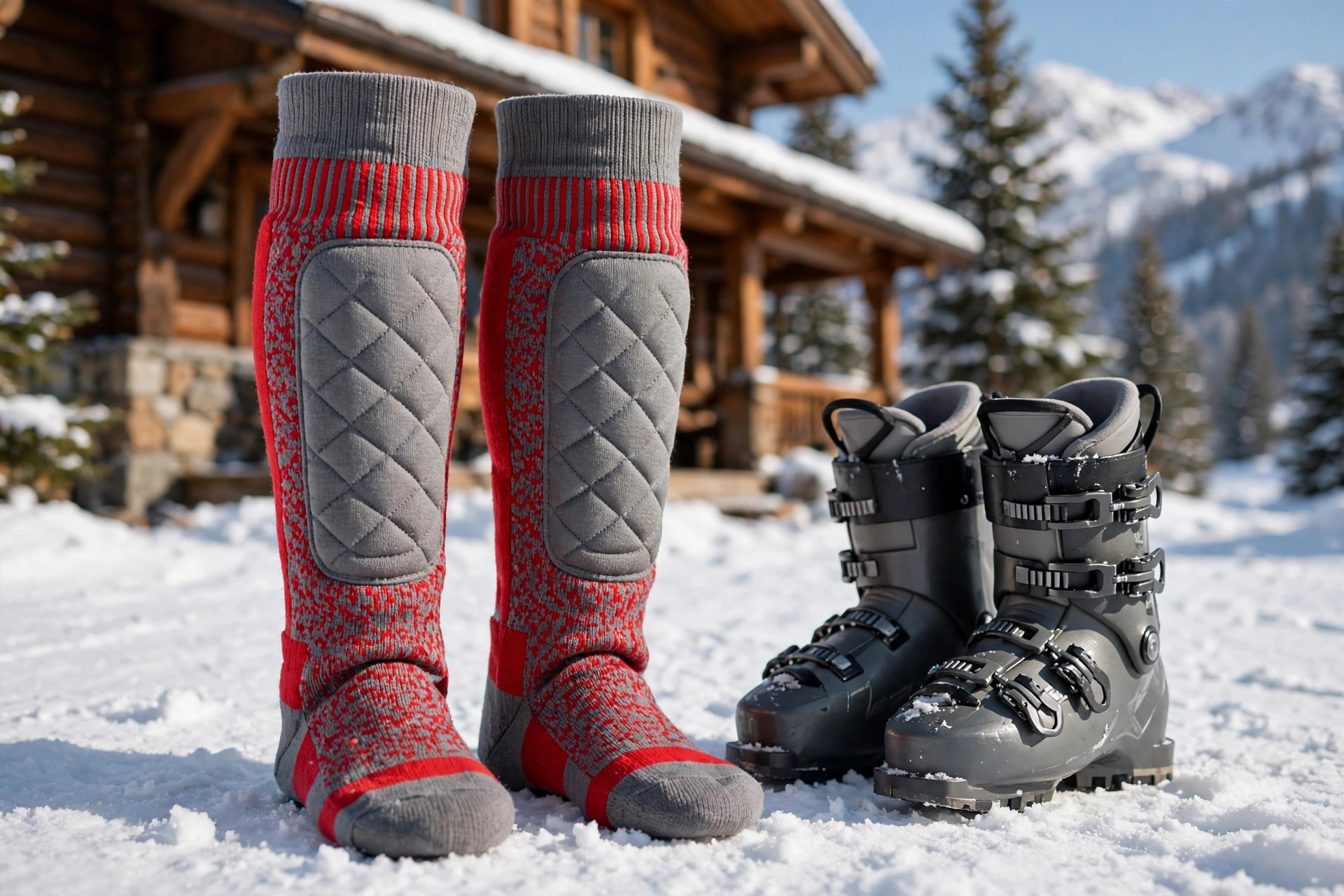 Colorful knee-high padded ski socks beside ski boots on snow outside a lodge