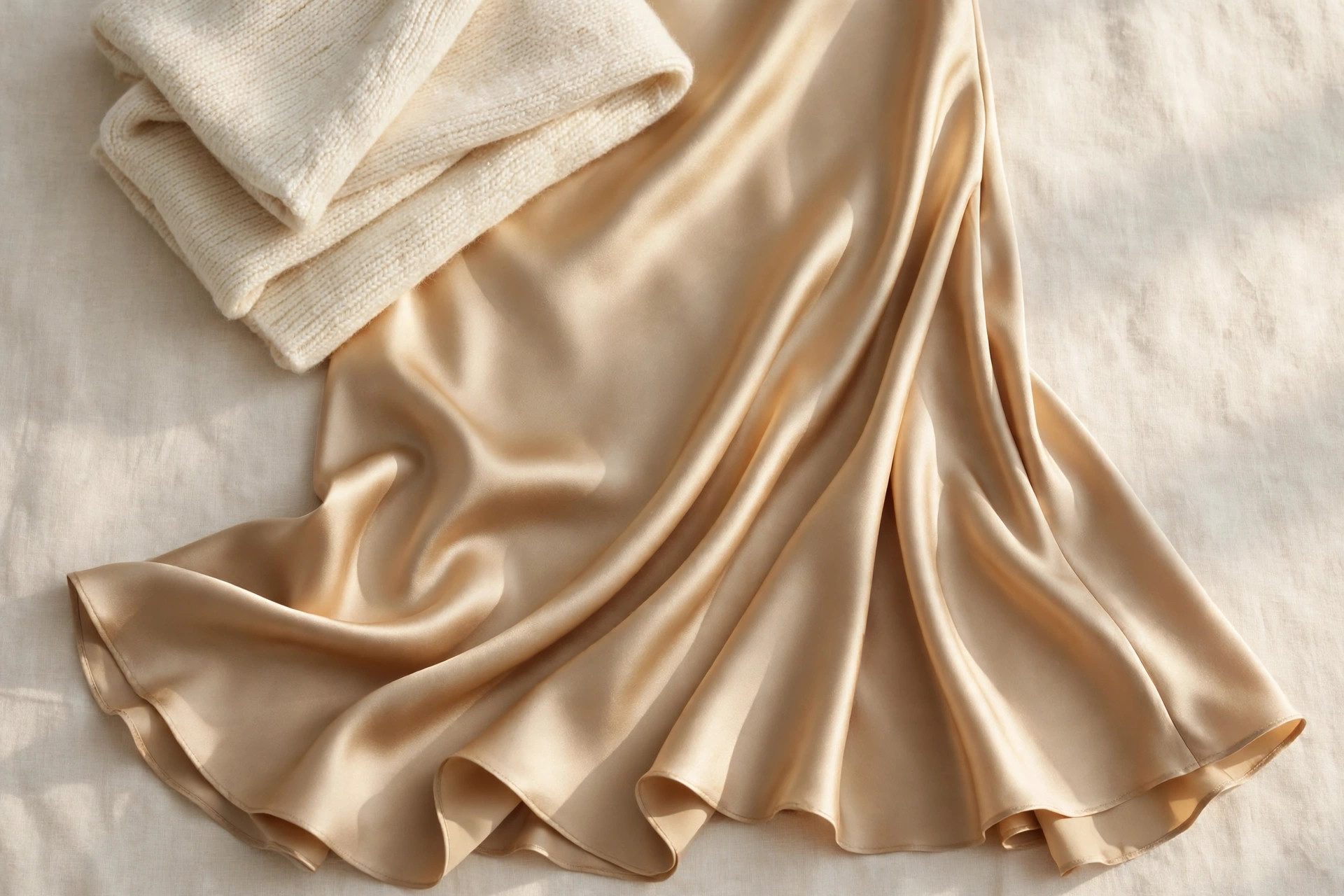 Champagne satin slip skirt laid flat with a soft ivory knit sweater