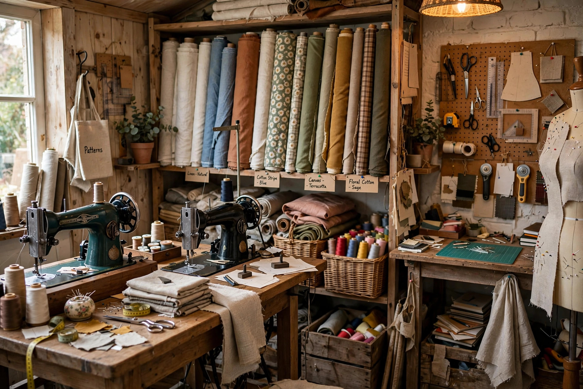 Small artisan garment workshop with sewing machines and fabric rolls