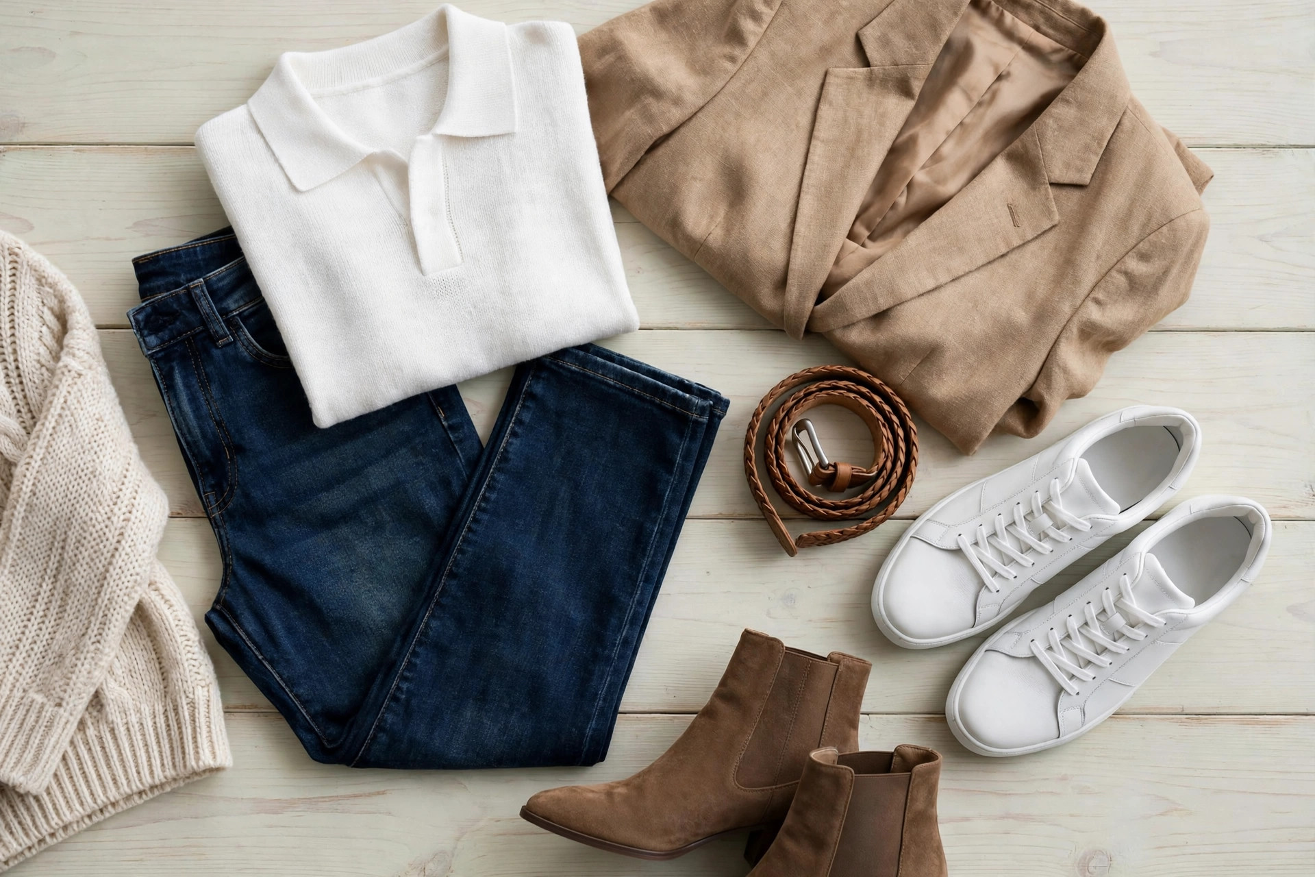 Flat lay of dark indigo jeans, a white knit polo shirt, an unstructured blazer, a woven belt and clean minimal leather trainers