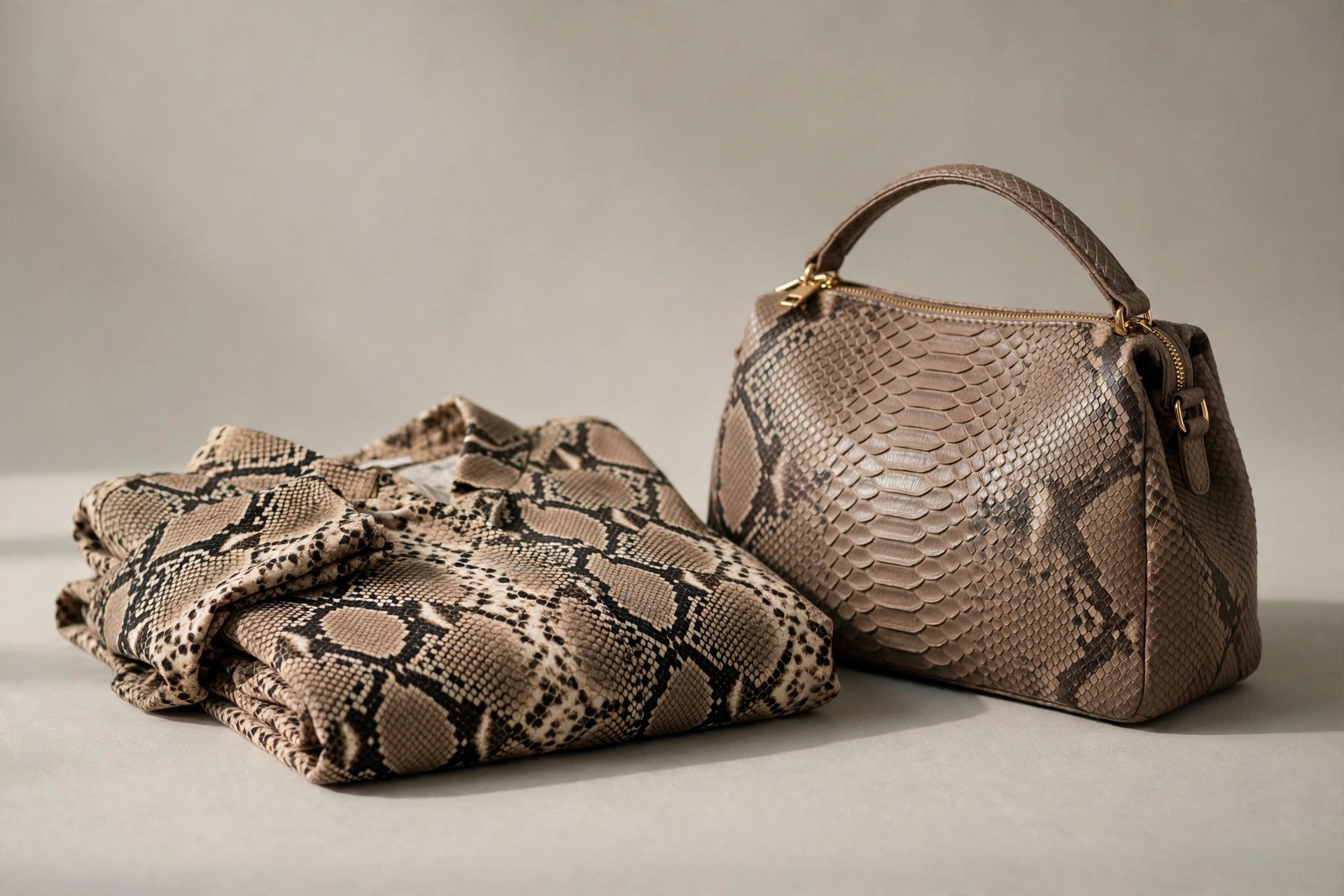 Snake-print blouse folded beside a faux-snakeskin handbag, showing the overlapping scale pattern in grey and brown tones
