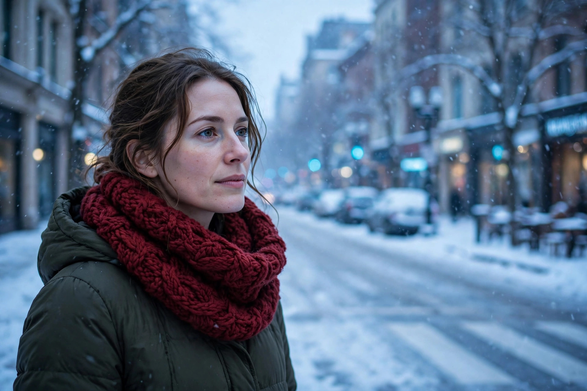 Adult woman in a winter coat wearing a chunky knitted snood on a snowy street